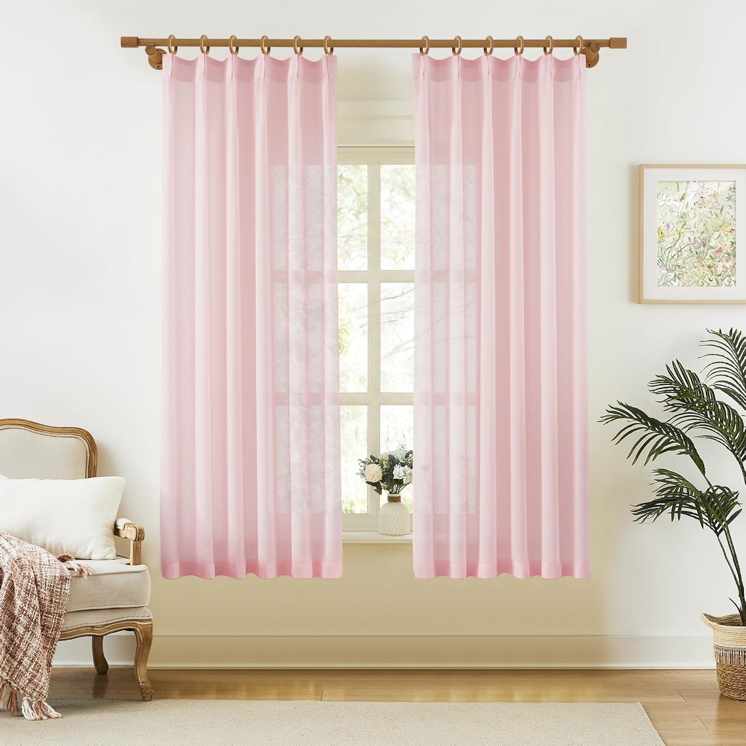 KangBang Pinch Pleat Sheer Curtains 112 Inches Long 2 Panels, Light Filtering Tree Branch Texture Soft Voile Drapes for Living Room Hotel Dorm, Gauzy and Breezy Window Panels, White,42x112 Inch