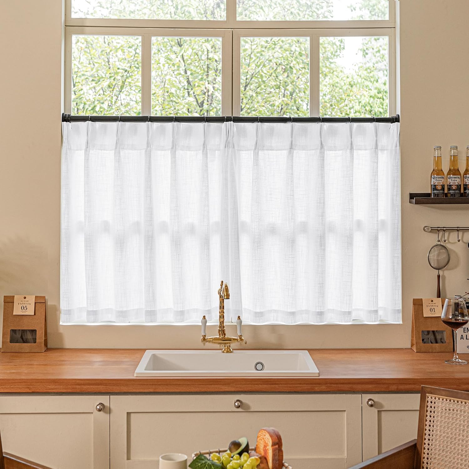 Natural Pinch Pleated Linen Curtains 84 Inch Length 2 Panels for Living Room Bedroom Textured Cream Ivory Birch Semi Sheer Boho Neutral Back Tab Pinch Pleat Hooks Rings Window Curtain 84 Inches Long