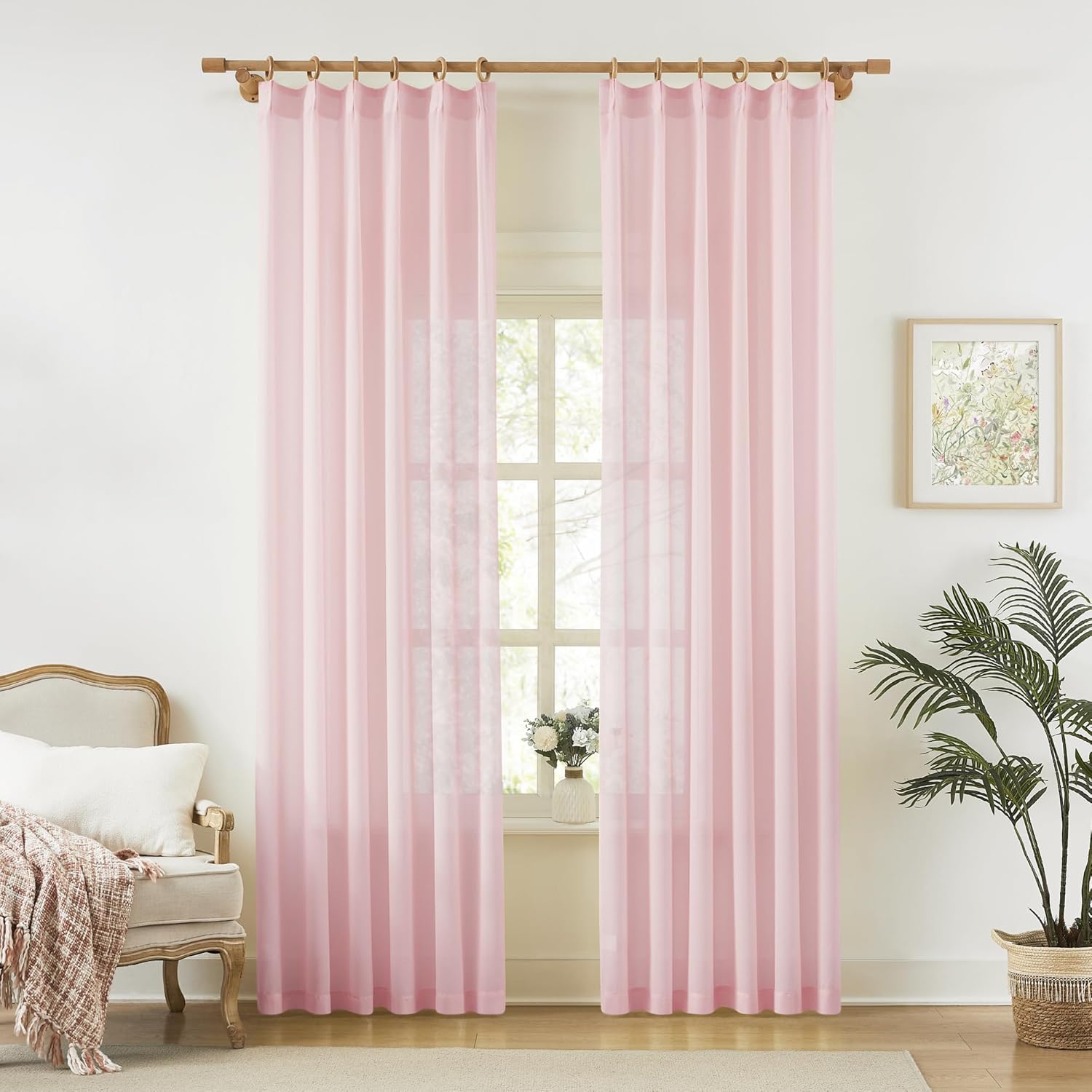 KangBang Pinch Pleat Sheer Curtains 112 Inches Long 2 Panels, Light Filtering Tree Branch Texture Soft Voile Drapes for Living Room Hotel Dorm, Gauzy and Breezy Window Panels, White,42x112 Inch