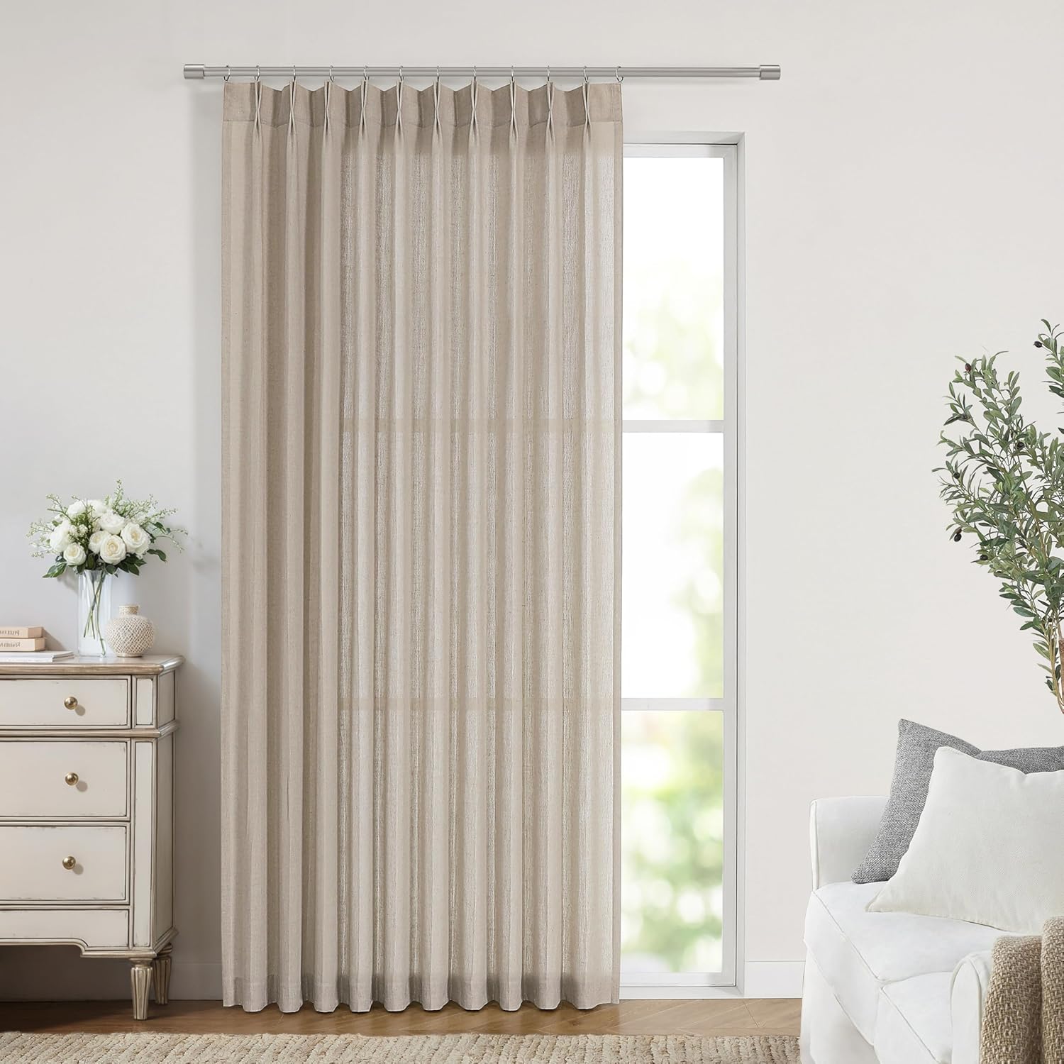Vision Home Natural Pinch Pleated Semi Sheer Curtains Textured Linen Blended Light Filtering Window Curtains 90 inch for Living Room Bedroom Pinch Pleat Drapes with Hooks 2 Panels 42" Wx90 L