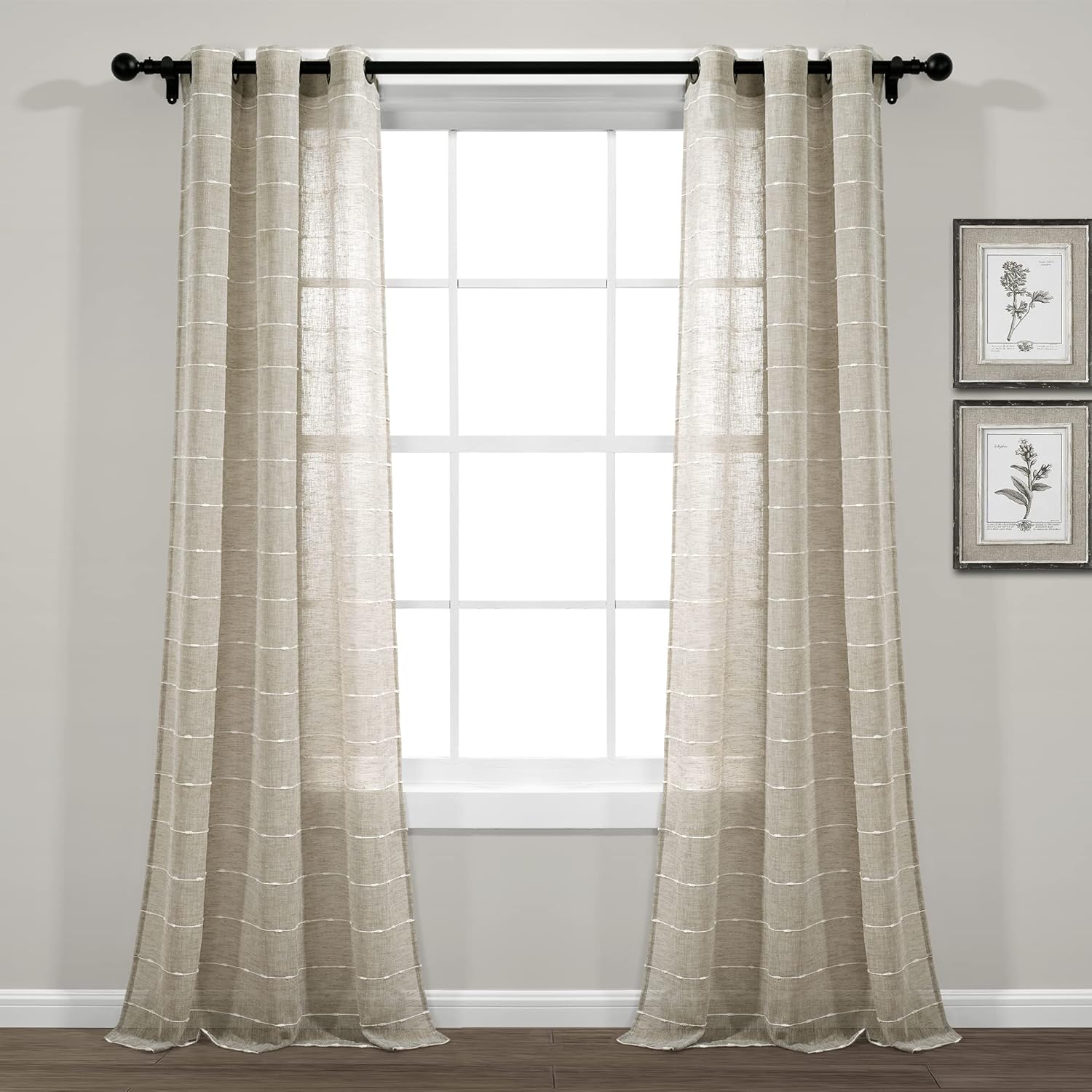 Lush Decor Farmhouse Textured Grommet Sheer Window Curtain Panel Pair, 38"W x 95"L, Beige