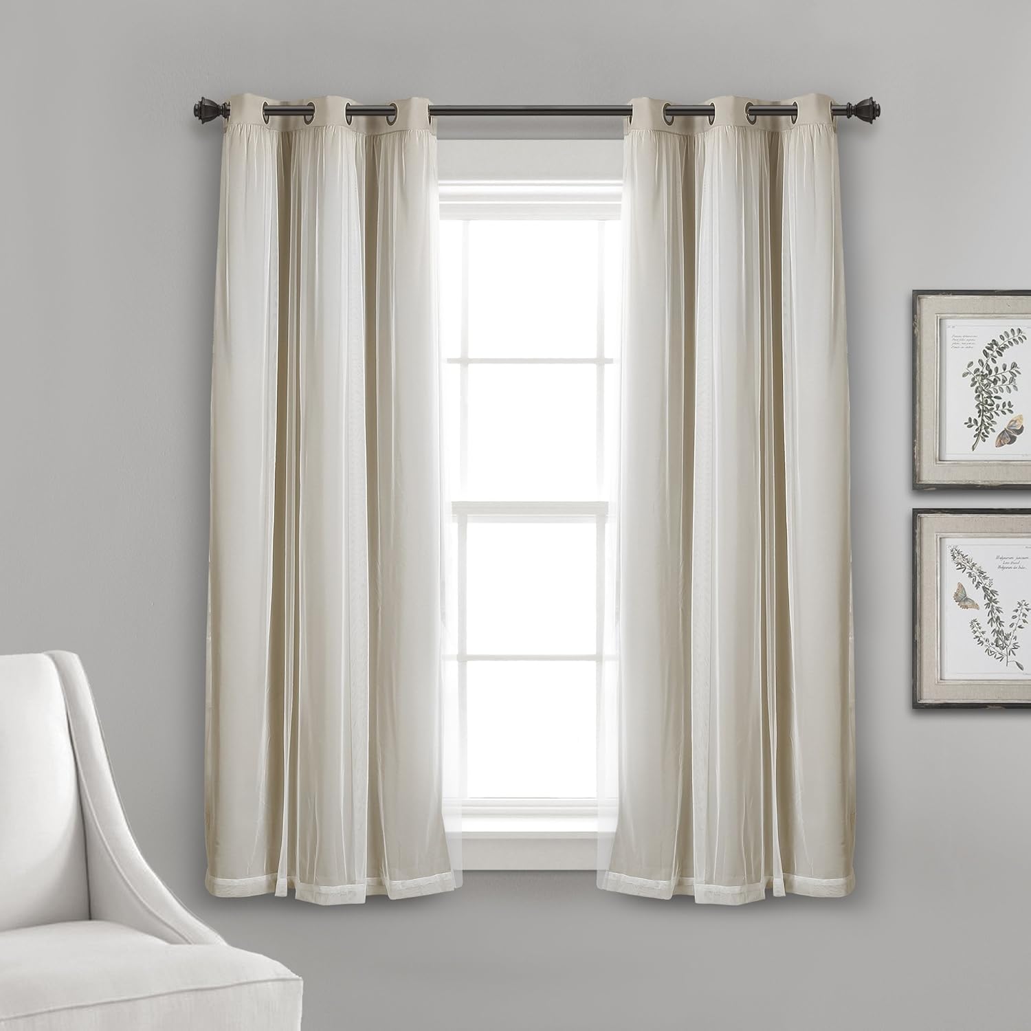 Lush Decor Sheer Grommet Curtains With Insulated Blackout Lining, Window Curtain Panels, Pair, 38"W x 120"L, Wheat - Curtain With Sheer Overlay, Elegant Blackout Curtains for Bedroom
