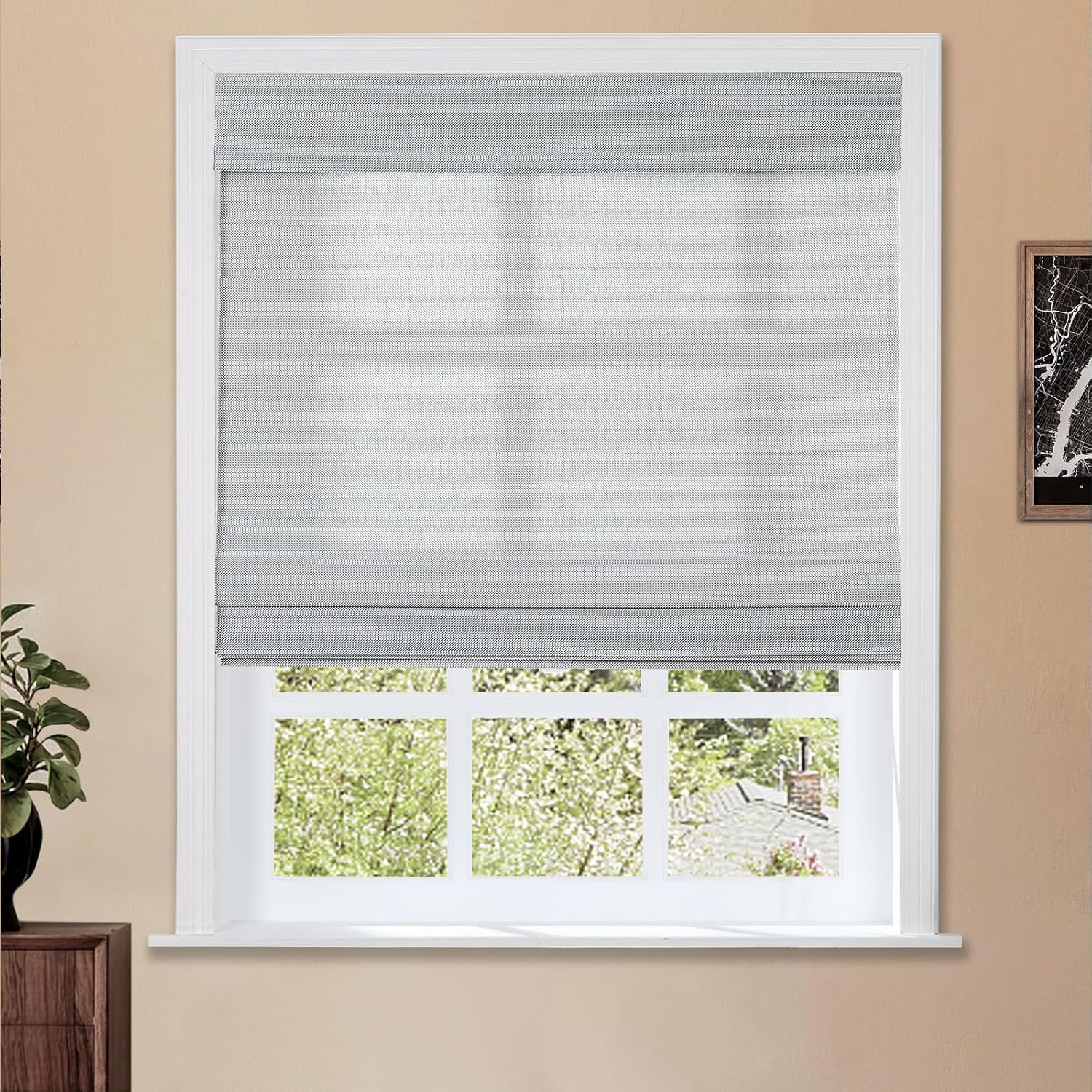 TWOPAGES Natural Cordless Ramie Roman Shade No Drill Customized Roman Blind Light Filtering Blackout Roman Window Shade for Windows, Beige, 1 Piece