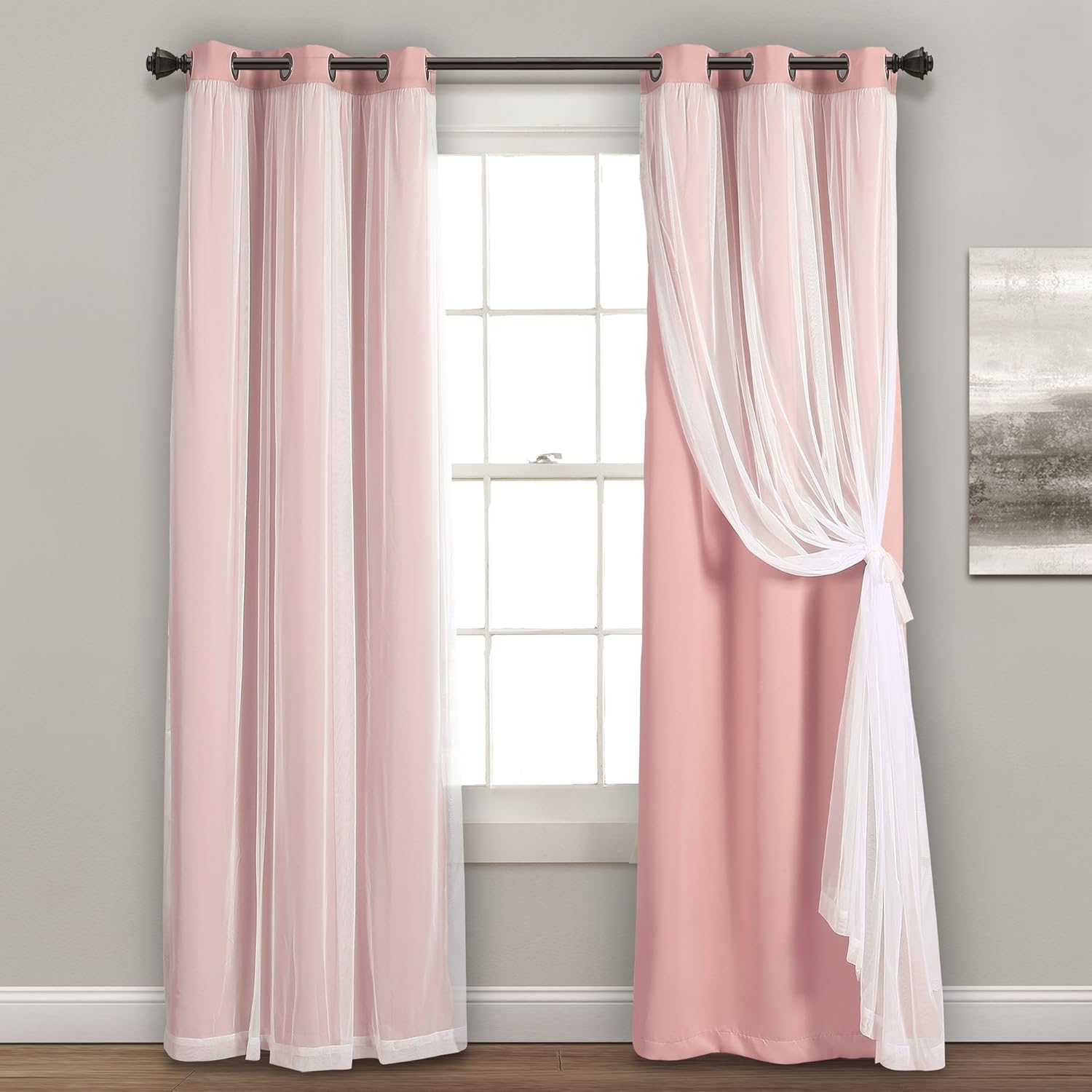 Lush Decor Sheer Grommet Curtains With Insulated Blackout Lining, Window Curtain Panels, Pair, 38"W x 120"L, Wheat - Curtain With Sheer Overlay, Elegant Blackout Curtains for Bedroom