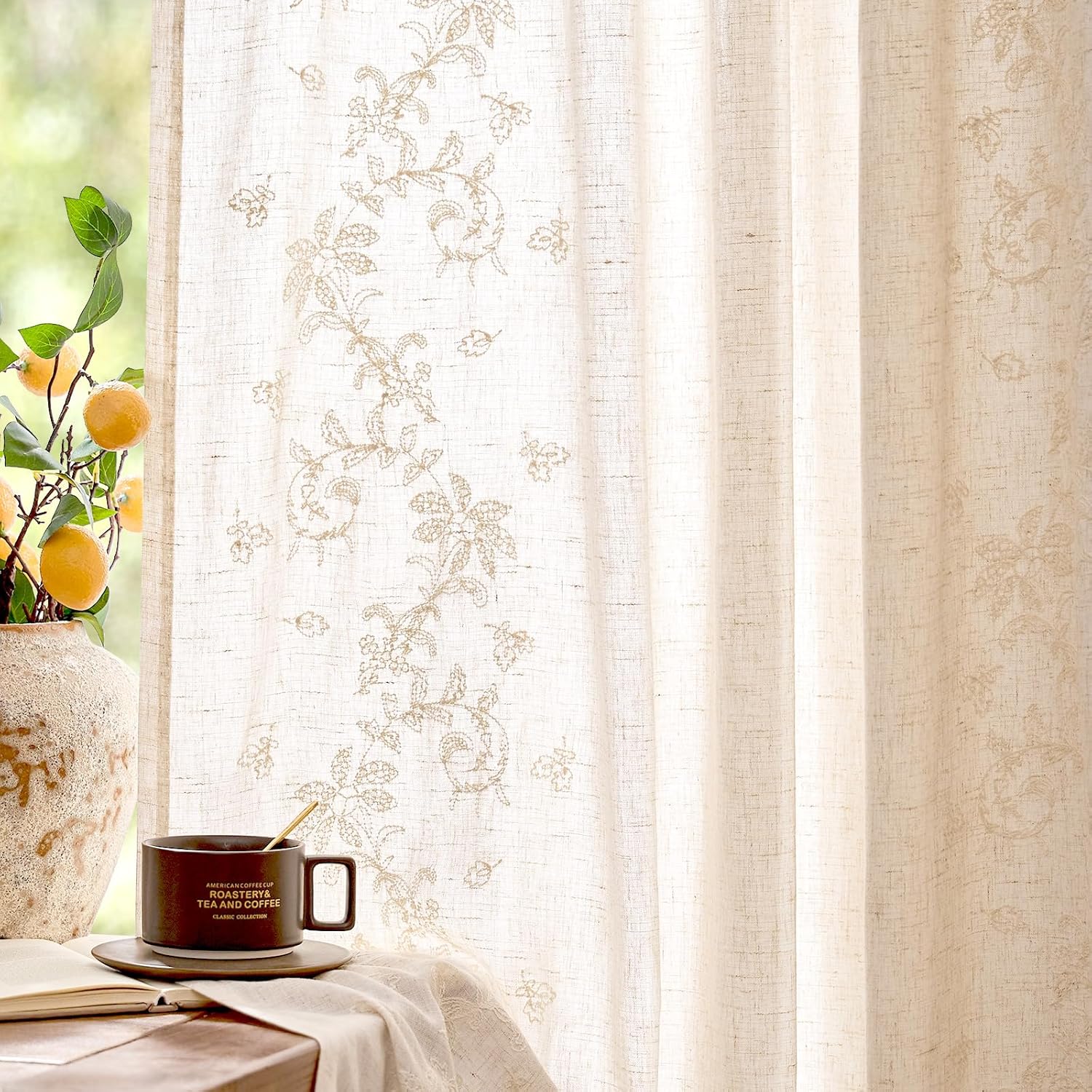 jinchan Belrose Linen Sheer Curtains for Living Room 84 Inch Length Sheer Voile Embroidered Floral Curtains for Bedroom Light Filtering Rod Pocket Window Treatments Farmhouse Decor 2 Panels Beige