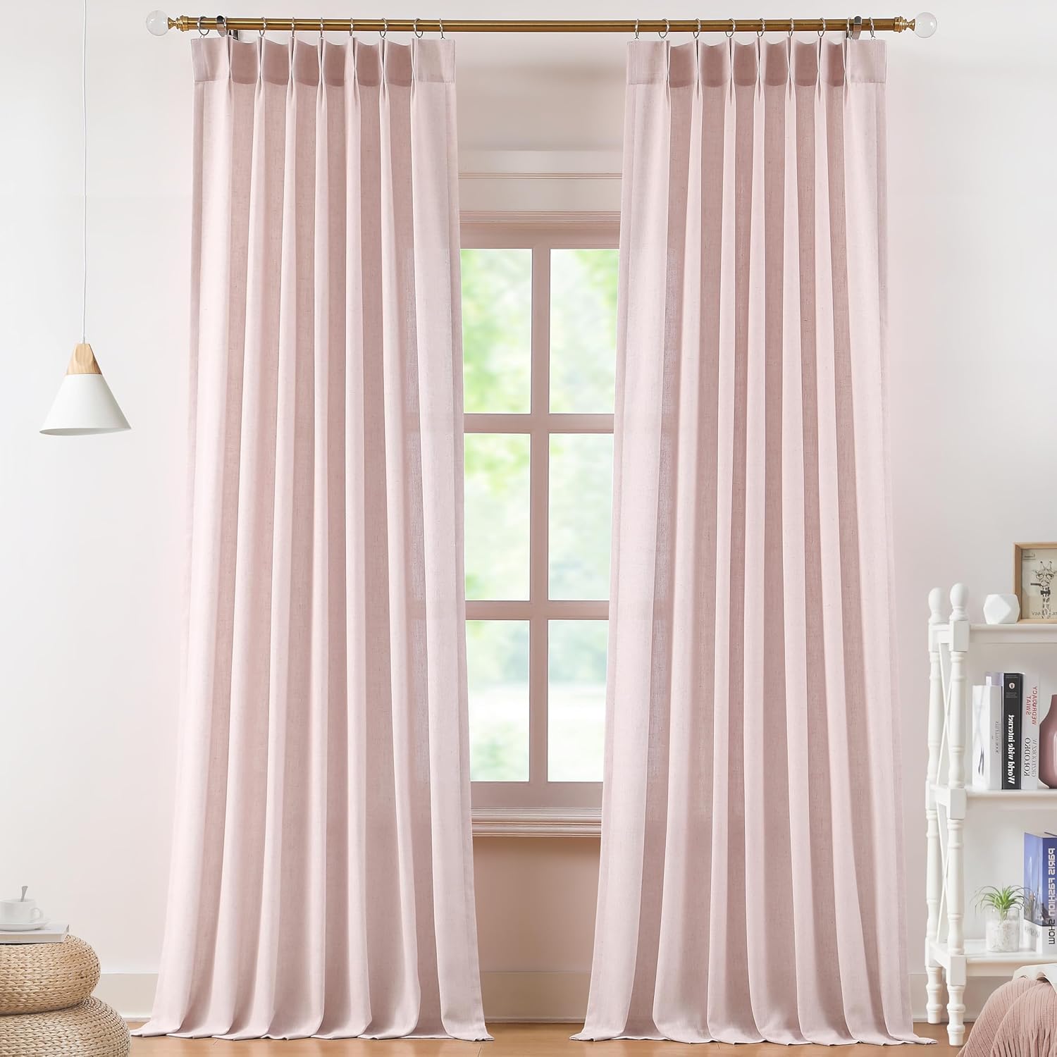 Vision Home Natural Pinch Pleated Semi Sheer Curtains Textured Linen Blended Light Filtering Window Curtains 90 inch for Living Room Bedroom Pinch Pleat Drapes with Hooks 2 Panels 42" Wx90 L