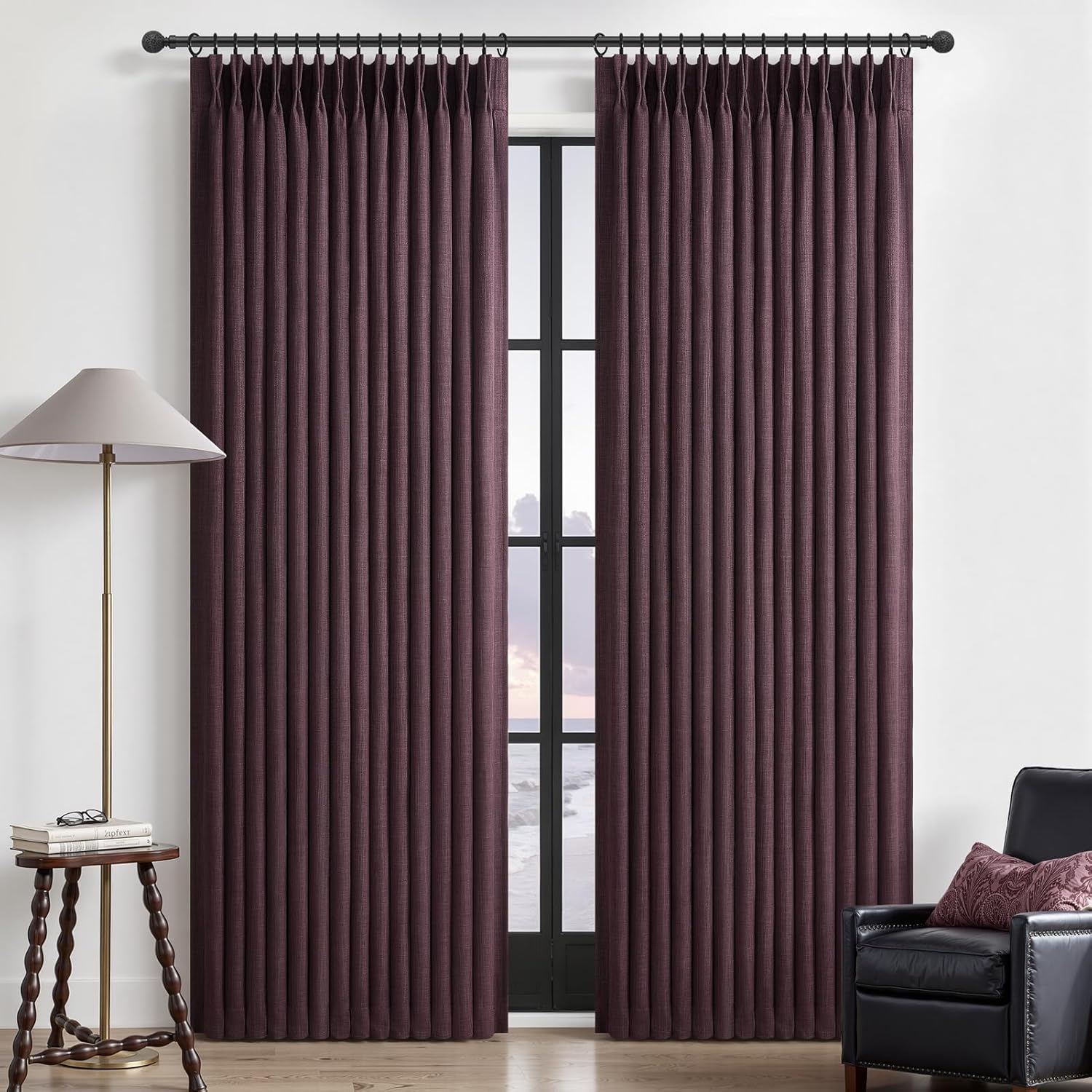 Beige White Blackout Floor to Ceiling Curtains 100 Inch Long for Sliding Door, Memory Trained Pinch Pleated Custom Double Layer Thick Linen Curtain Noise Reducing Light Blocking Bedroom Window Drapes