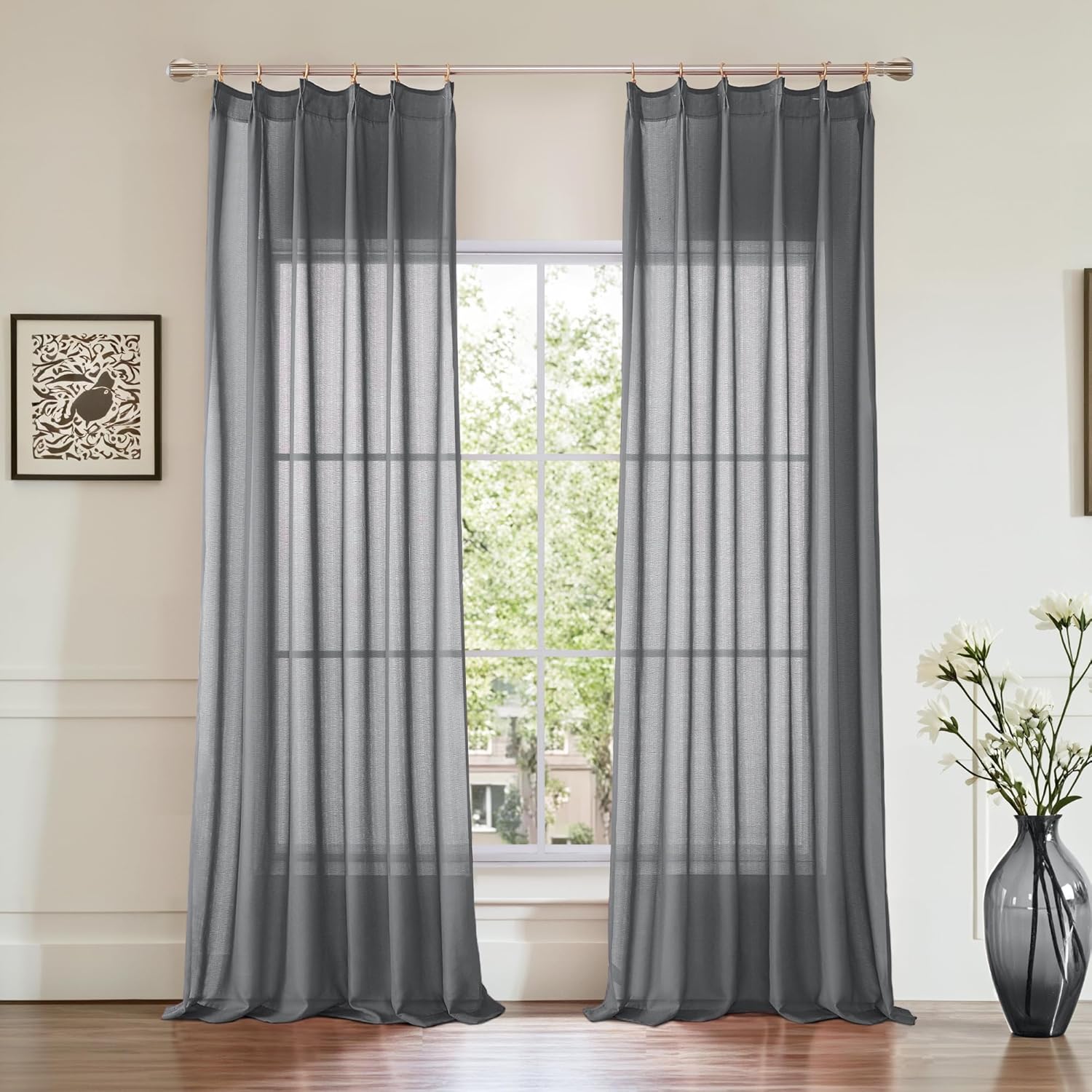 KangBang Pinch Pleat Sheer Curtains 112 Inches Long 2 Panels, Light Filtering Tree Branch Texture Soft Voile Drapes for Living Room Hotel Dorm, Gauzy and Breezy Window Panels, White,42x112 Inch