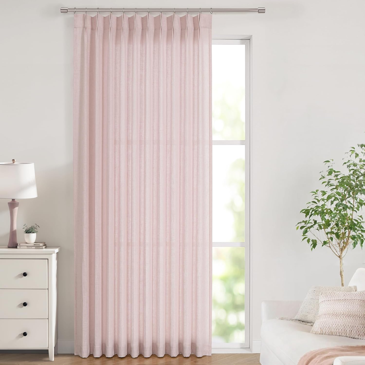 Vision Home Natural Pinch Pleated Semi Sheer Curtains Textured Linen Blended Light Filtering Window Curtains 90 inch for Living Room Bedroom Pinch Pleat Drapes with Hooks 2 Panels 42" Wx90 L