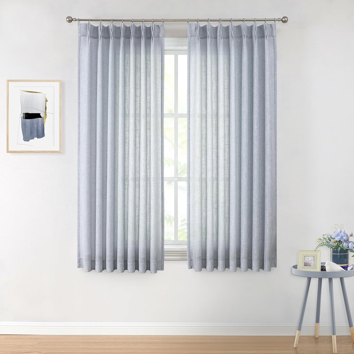 Vision Home Natural Pinch Pleated Semi Sheer Curtains Textured Linen Blended Light Filtering Window Curtains 90 inch for Living Room Bedroom Pinch Pleat Drapes with Hooks 2 Panels 42" Wx90 L
