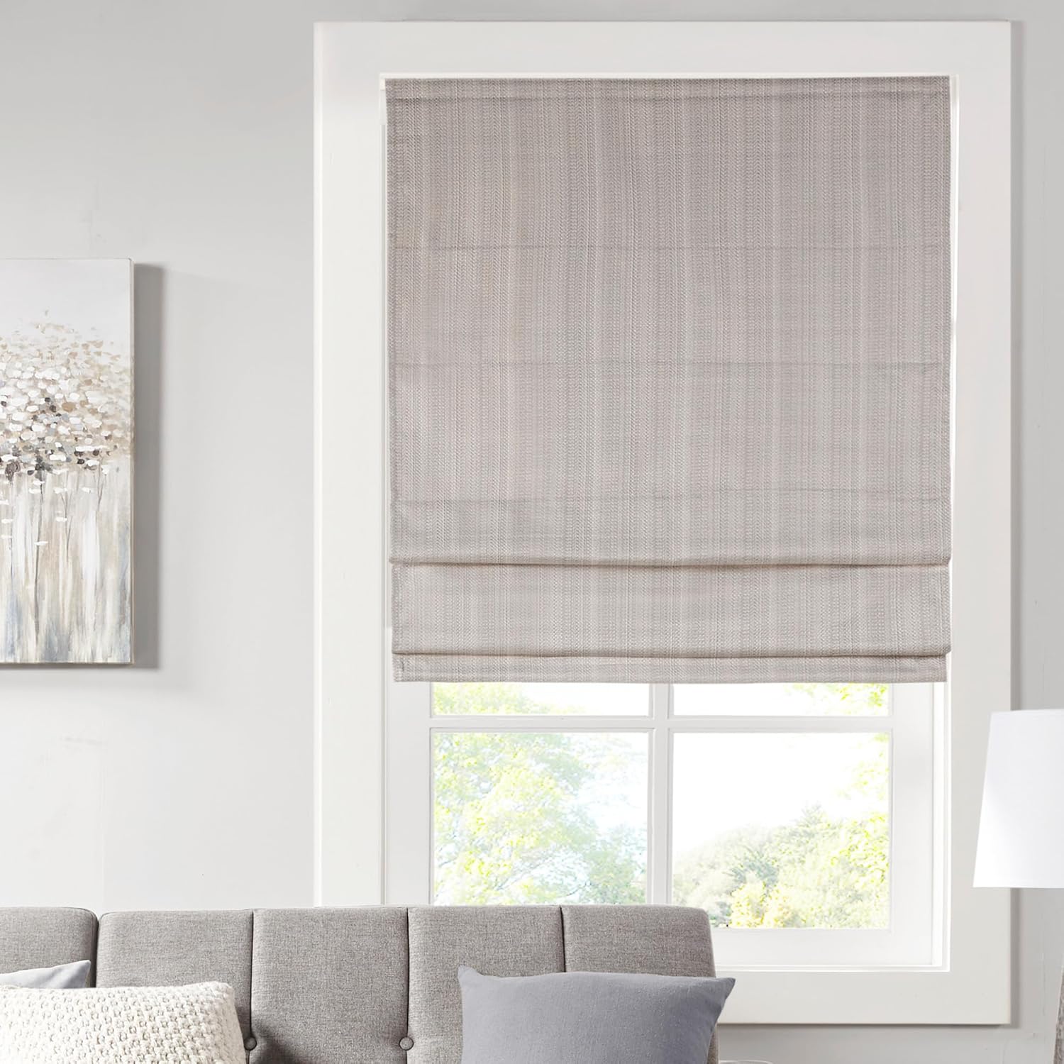 Madison Park Kyler Cordless Roman Shades - Single Panel, Lightweight Linen Blend Fabric, Natural Design, Easy Installation, Light Filtering Window Blind, Bedroom, Living Room Decor 27"W x 64"H Natural