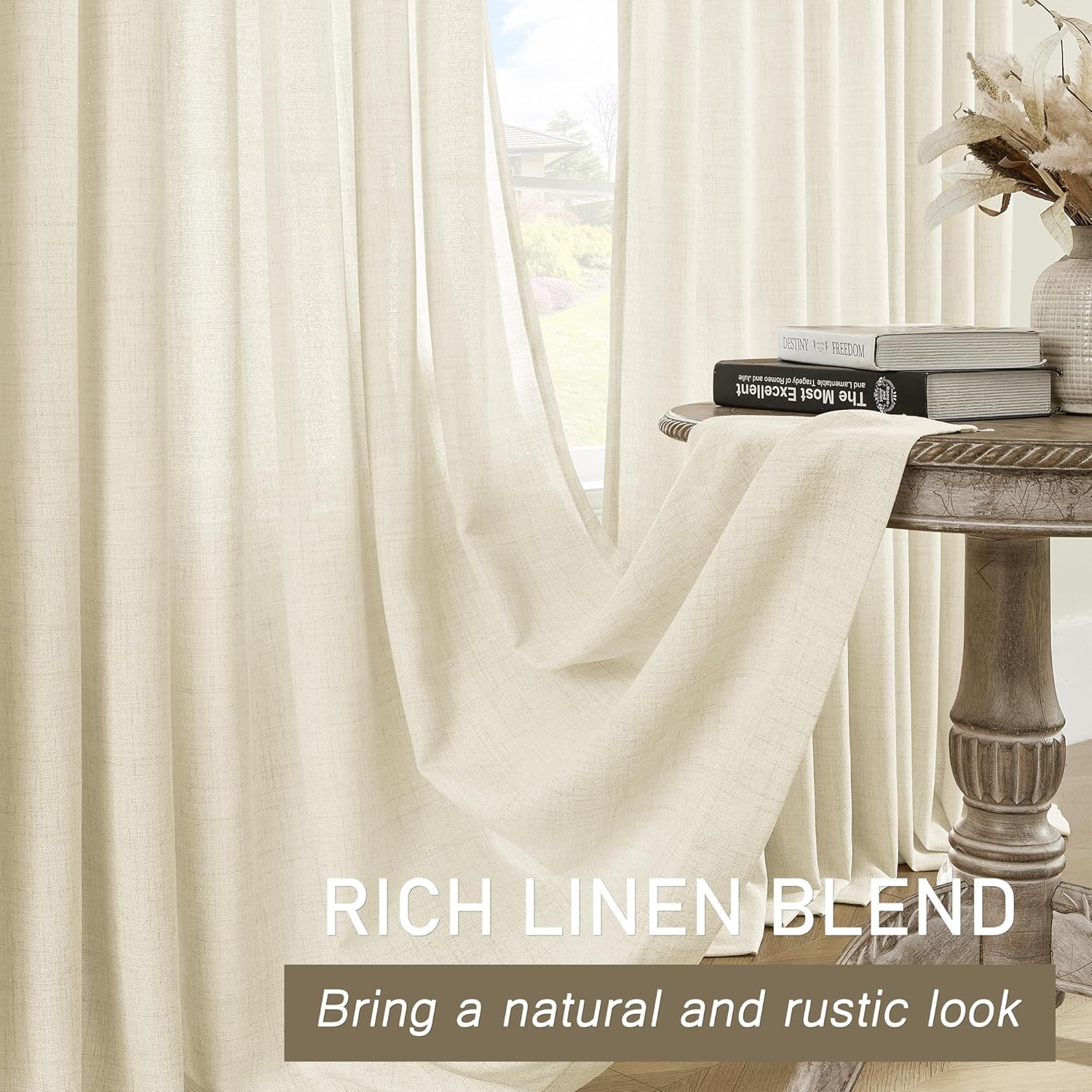 MASWOND Pinch Pleated Sheer Curtains 84 Inches Long for Living Room, Faux Linen Pinch Pleat Drapes for Bedroom Light Filtering Window Curtains with Tieback and Hooks (52" x 84", Natural, 1 Panel)