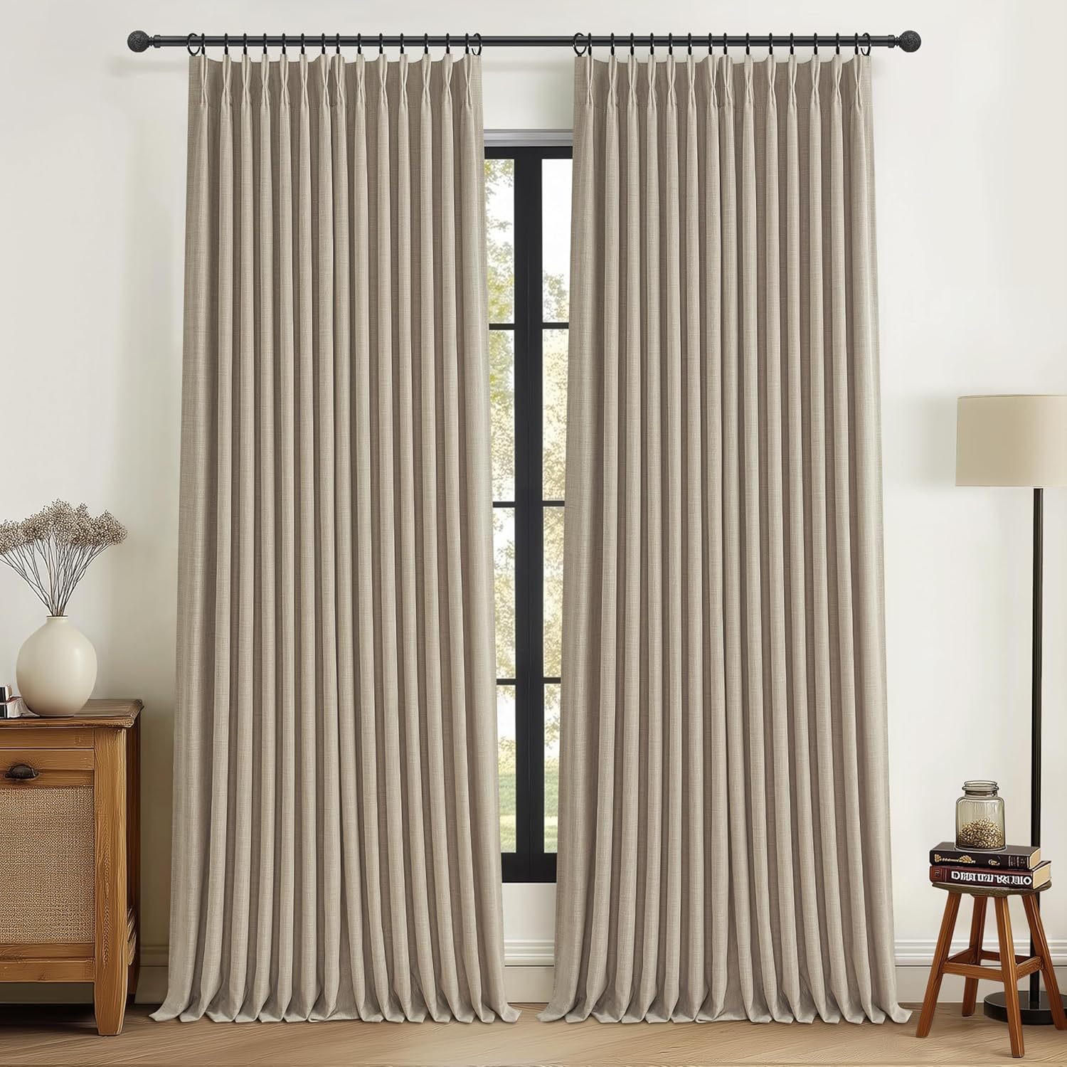 Beige White Blackout Floor to Ceiling Curtains 100 Inch Long for Sliding Door, Memory Trained Pinch Pleated Custom Double Layer Thick Linen Curtain Noise Reducing Light Blocking Bedroom Window Drapes
