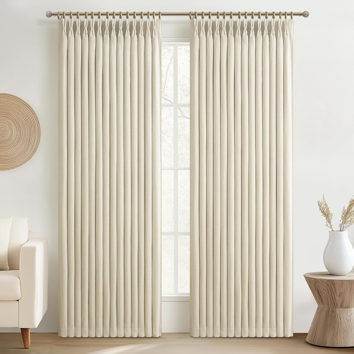 Beige White Blackout Floor to Ceiling Curtains 100 Inch Long for Sliding Door, Memory Trained Pinch Pleated Custom Double Layer Thick Linen Curtain Noise Reducing Light Blocking Bedroom Window Drapes