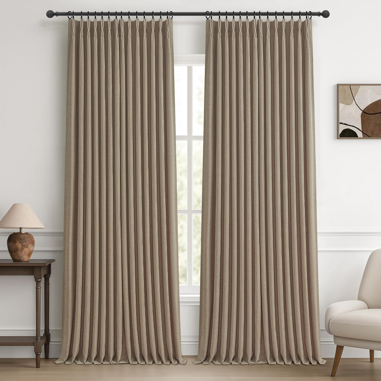 Dark Flax 100% Blackout Curtains 90 Inches Long for Kids Room, Memory Trained Pinch Pleated Thermal Noise Reducing Natural Linen Privacy Light Block Aesthetic Windows Drapes Brown Colored 2 Panels Set