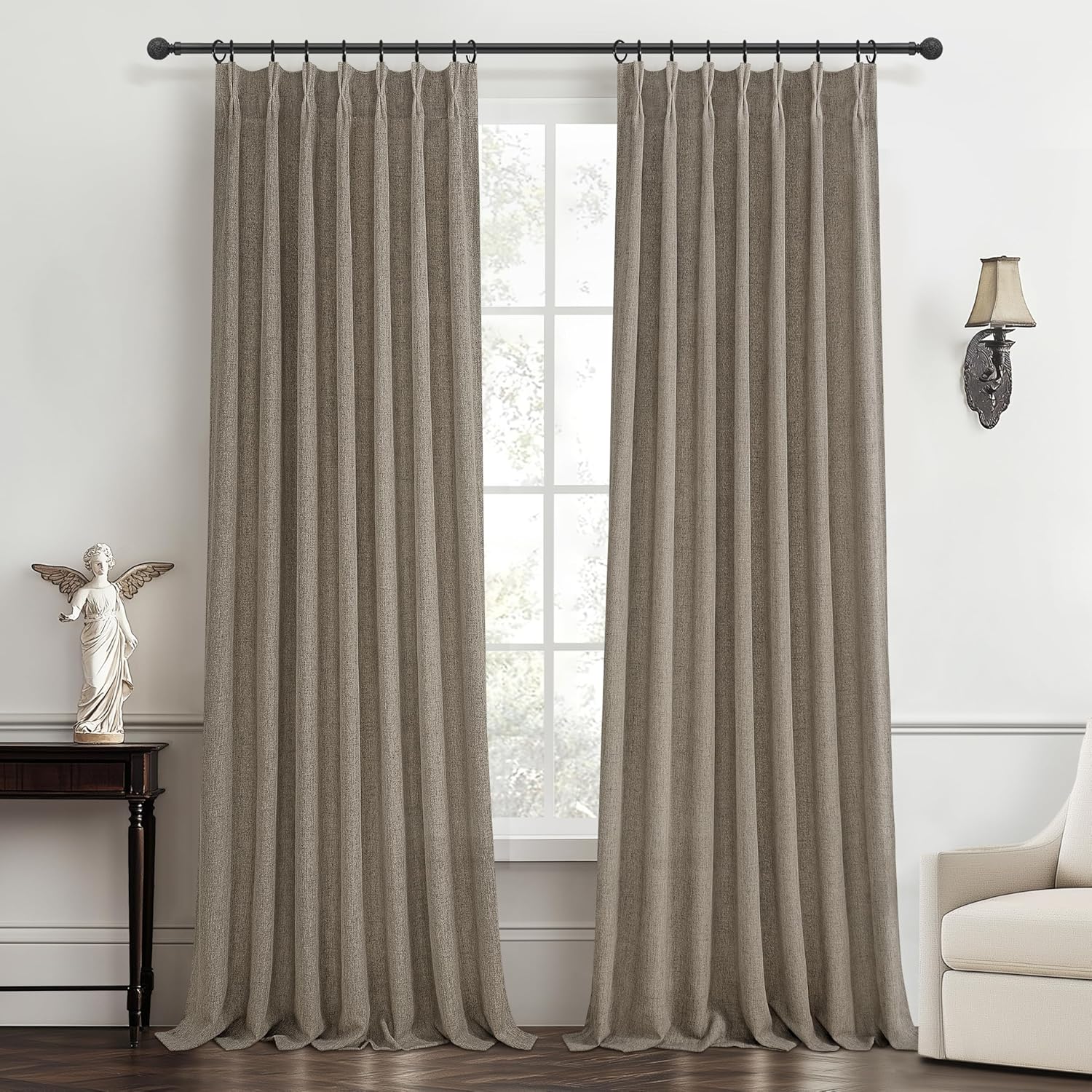 Pinch Pleated Linen Curtains 96 Inches Long for Living Room Bedroom, Light Filtering Boho Window Drape 96 inch 2 Panels Burgs with Hooks&Rings 8ft Cream Birch Sliding Glass Door Sheer Curtain Decor