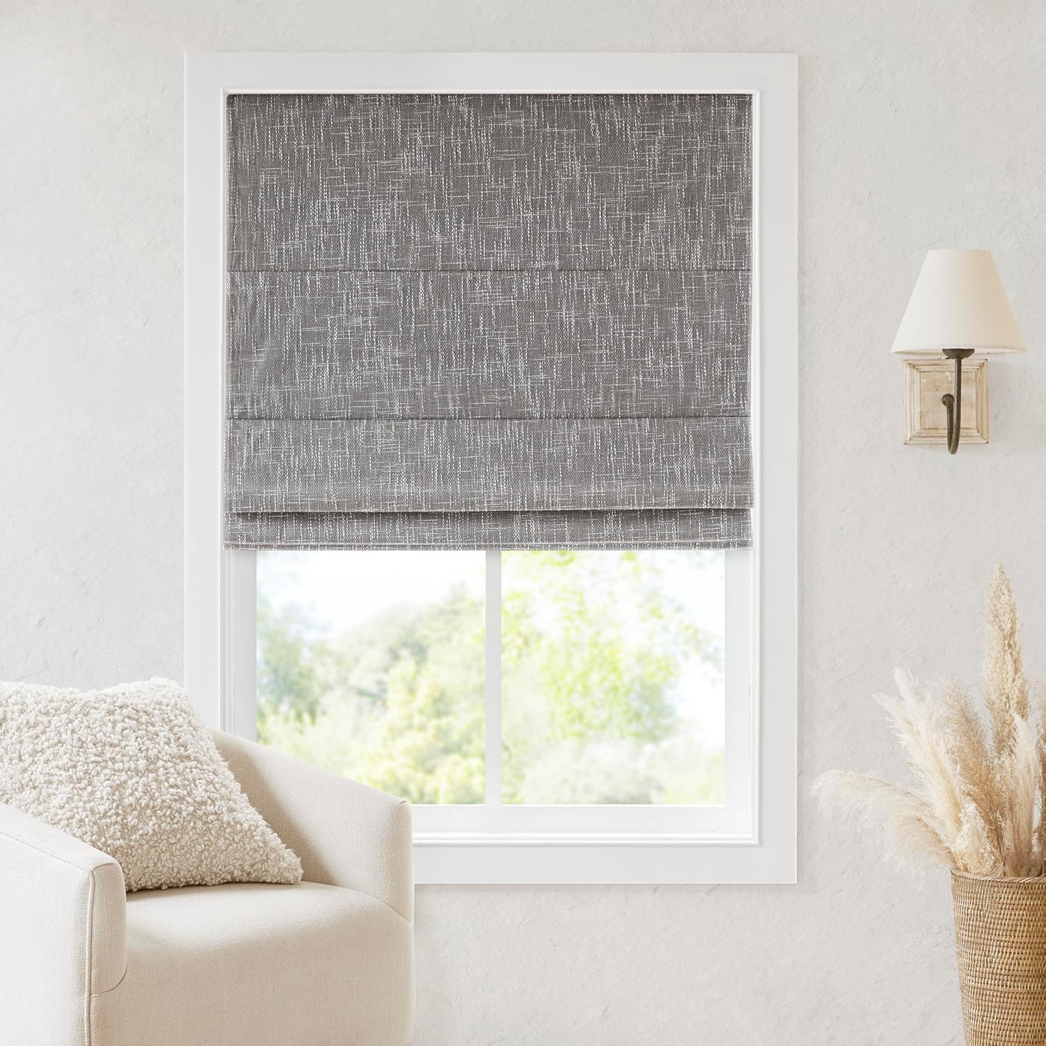 Madison Park Galen Cordless Roman Shade, 31"W x 64"H, Sheen Ivory – Room Darkening, Thermal Insulated, Energy Efficient Window Blind with Subtle Sheen Basketweave Fabric for Privacy