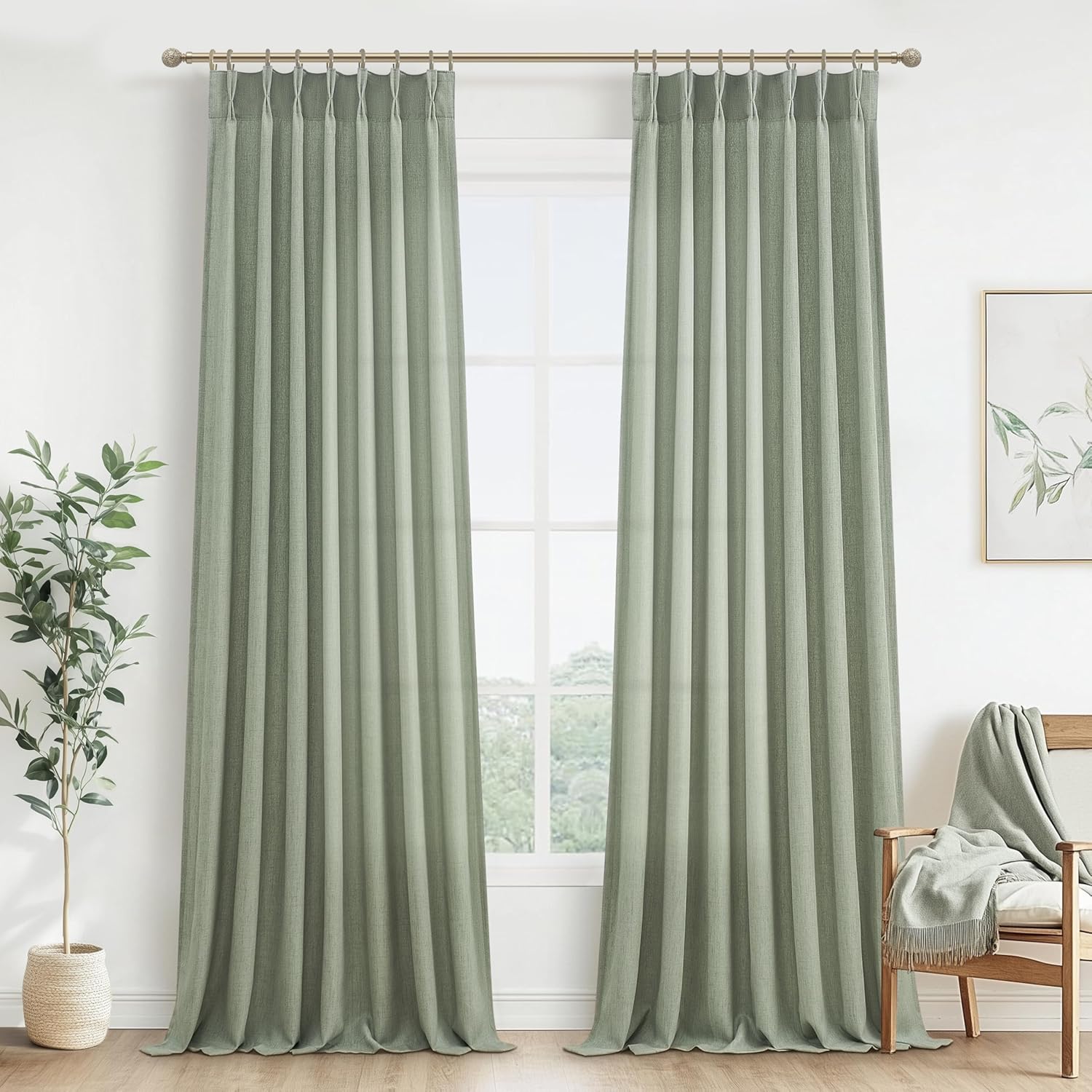 Pinch Pleated Linen Curtains 96 Inches Long for Living Room Bedroom, Light Filtering Boho Window Drape 96 inch 2 Panels Burgs with Hooks&Rings 8ft Cream Birch Sliding Glass Door Sheer Curtain Decor