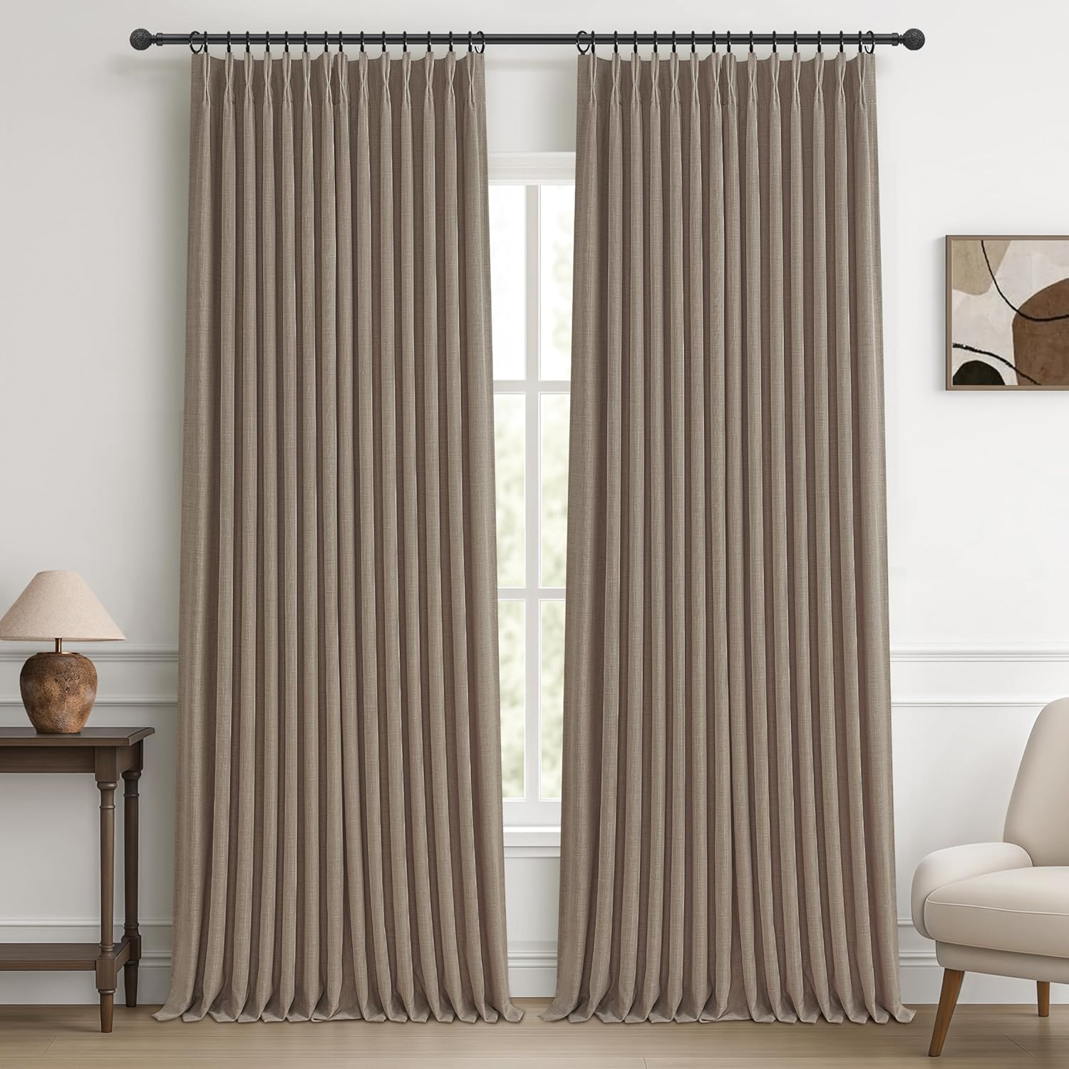 Memory Trained Pinch Pleated 96 Inch Viral Curtains for Living Room 2 Panels Set, Dark Grey Blackout Double Layer Linen Thermal Privacy Noise Reducing Elegant Windows Curtain for Kids Room 8 FT Length