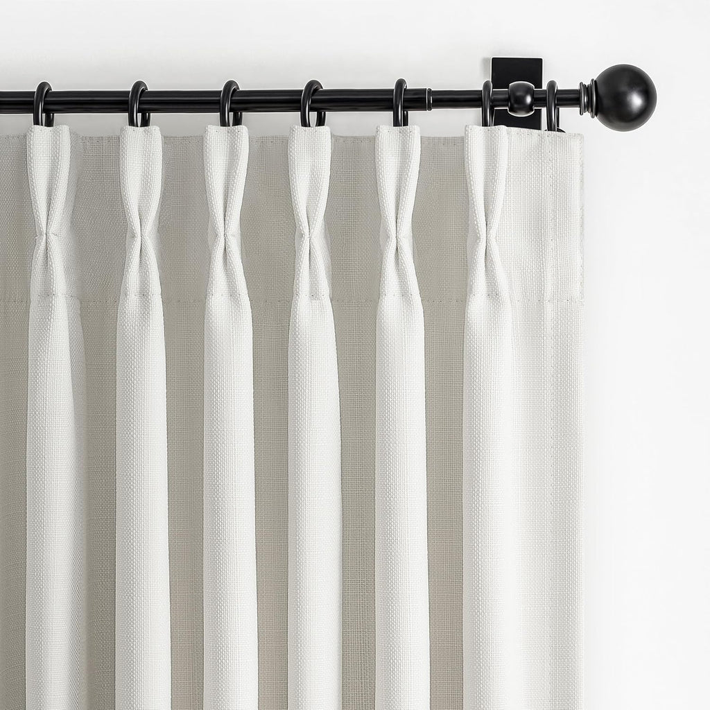 Beige White Blackout Floor to Ceiling Curtains 100 Inch Long for Sliding Door, Memory Trained Pinch Pleated Custom Double Layer Thick Linen Curtain Noise Reducing Light Blocking Bedroom Window Drapes
