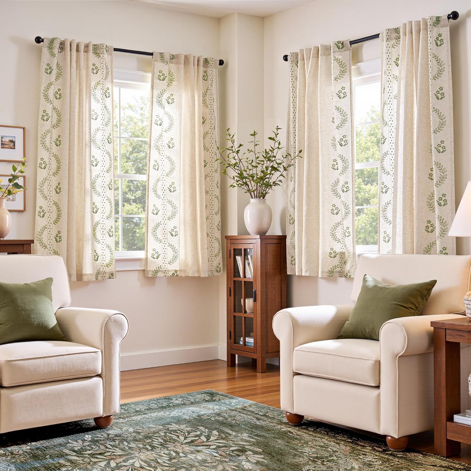 jinchan Belrose Linen Sheer Curtains for Living Room 84 Inch Length Sheer Voile Embroidered Floral Curtains for Bedroom Light Filtering Rod Pocket Window Treatments Farmhouse Decor 2 Panels Beige