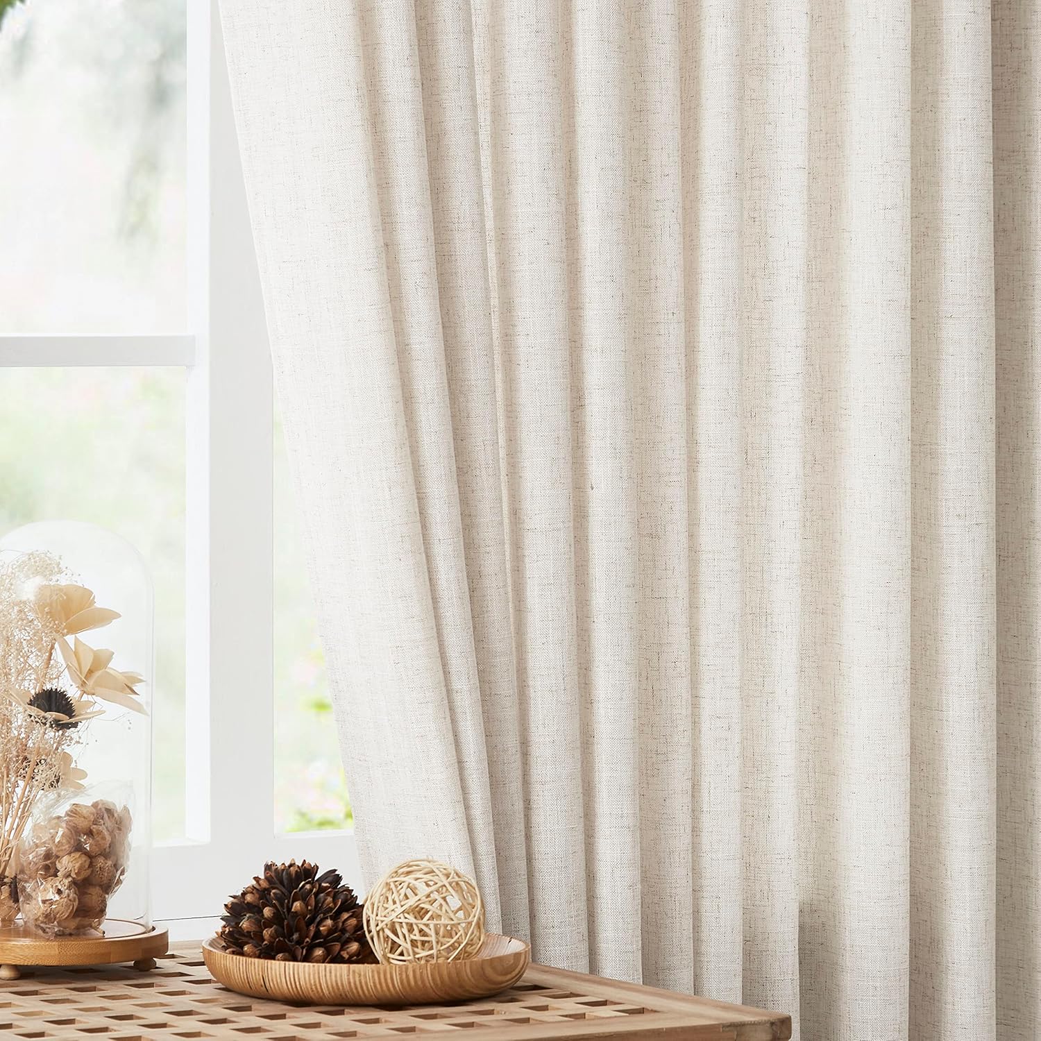 Vision Home Natural Pinch Pleated Semi Sheer Curtains Textured Linen Blended Light Filtering Window Curtains 90 inch for Living Room Bedroom Pinch Pleat Drapes with Hooks 2 Panels 42" Wx90 L