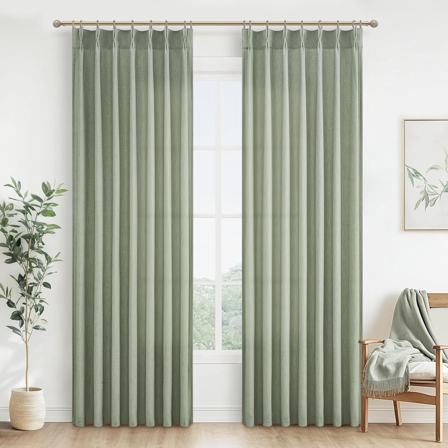 Pinch Pleated Linen Curtains 96 Inches Long for Living Room Bedroom, Light Filtering Boho Window Drape 96 inch 2 Panels Burgs with Hooks&Rings 8ft Cream Birch Sliding Glass Door Sheer Curtain Decor