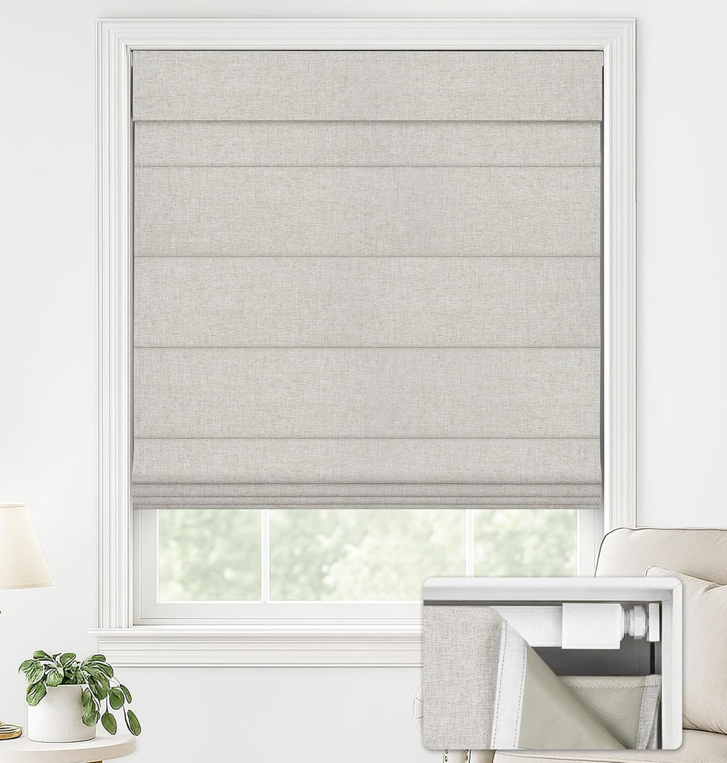 LazBlinds No Drill Roman Shades for Windows, Cordless Blackout Window Shades with UV Protection, Polyester Fabric for Bedroom & Living Room, 35" W x 64" H, Natural