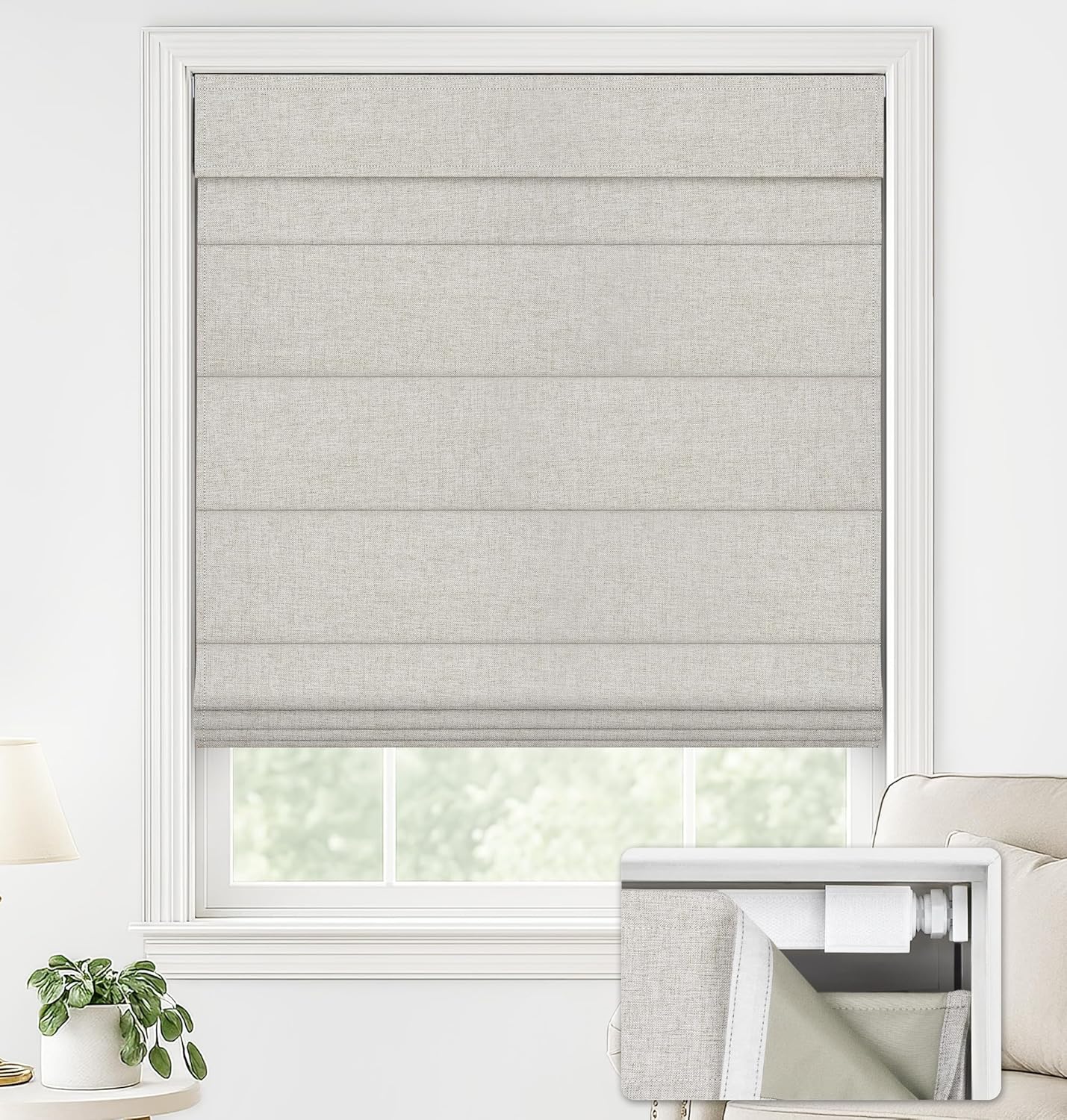 LazBlinds No Drill Roman Shades for Windows, Cordless Blackout Window Shades with UV Protection, Polyester Fabric for Bedroom & Living Room, 35" W x 64" H, Natural
