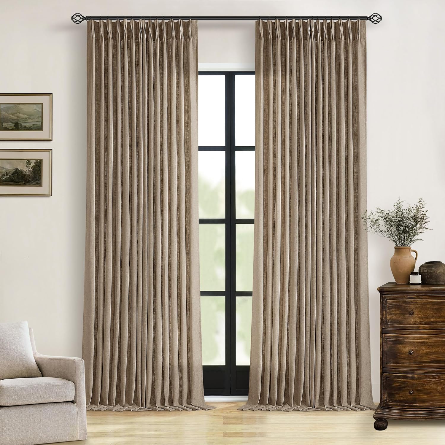 Natural Pinch Pleated Linen Curtains 84 Inch Length 2 Panels for Living Room Bedroom Textured Cream Ivory Birch Semi Sheer Boho Neutral Back Tab Pinch Pleat Hooks Rings Window Curtain 84 Inches Long