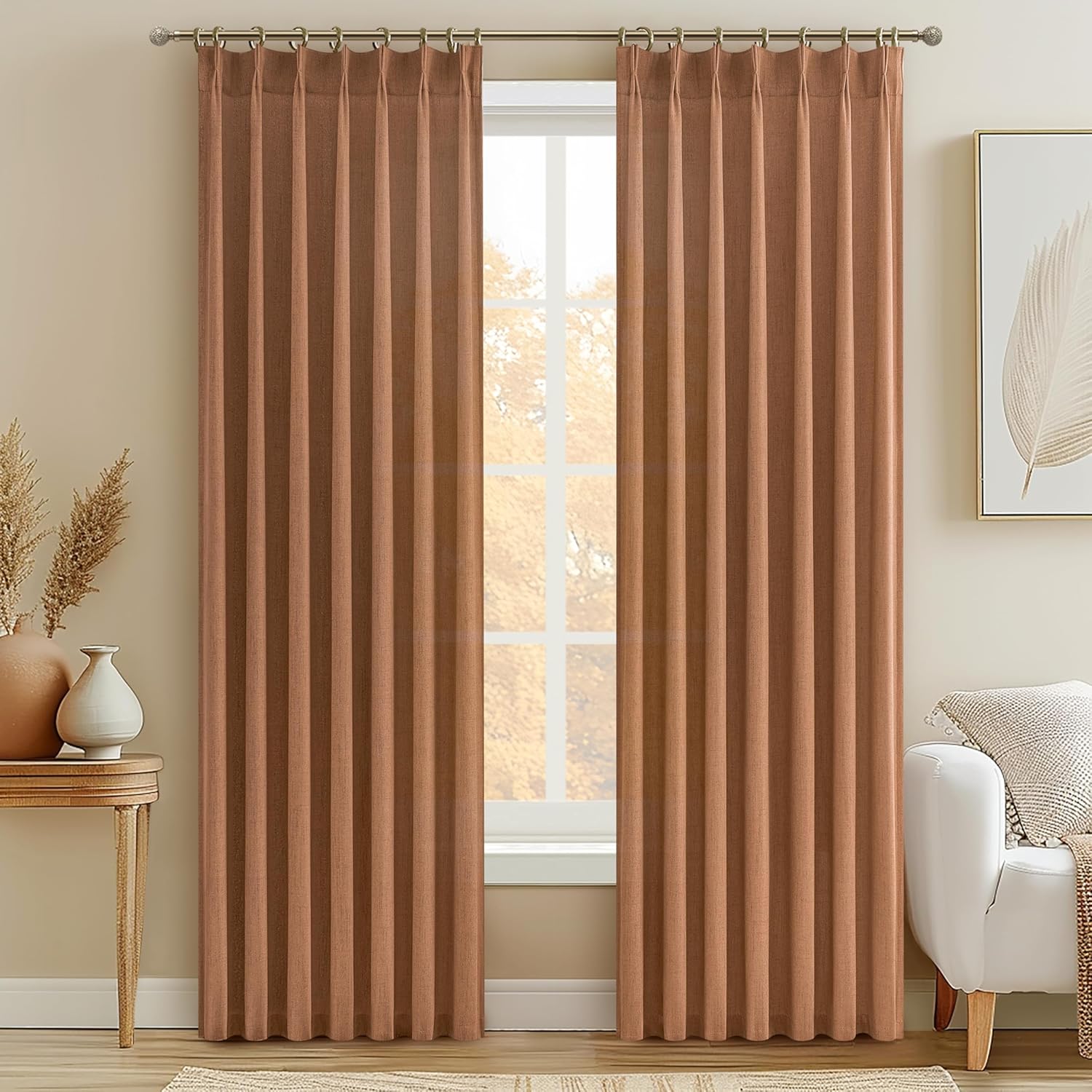 Pinch Pleated Linen Curtains 96 Inches Long for Living Room Bedroom, Light Filtering Boho Window Drape 96 inch 2 Panels Burgs with Hooks&Rings 8ft Cream Birch Sliding Glass Door Sheer Curtain Decor
