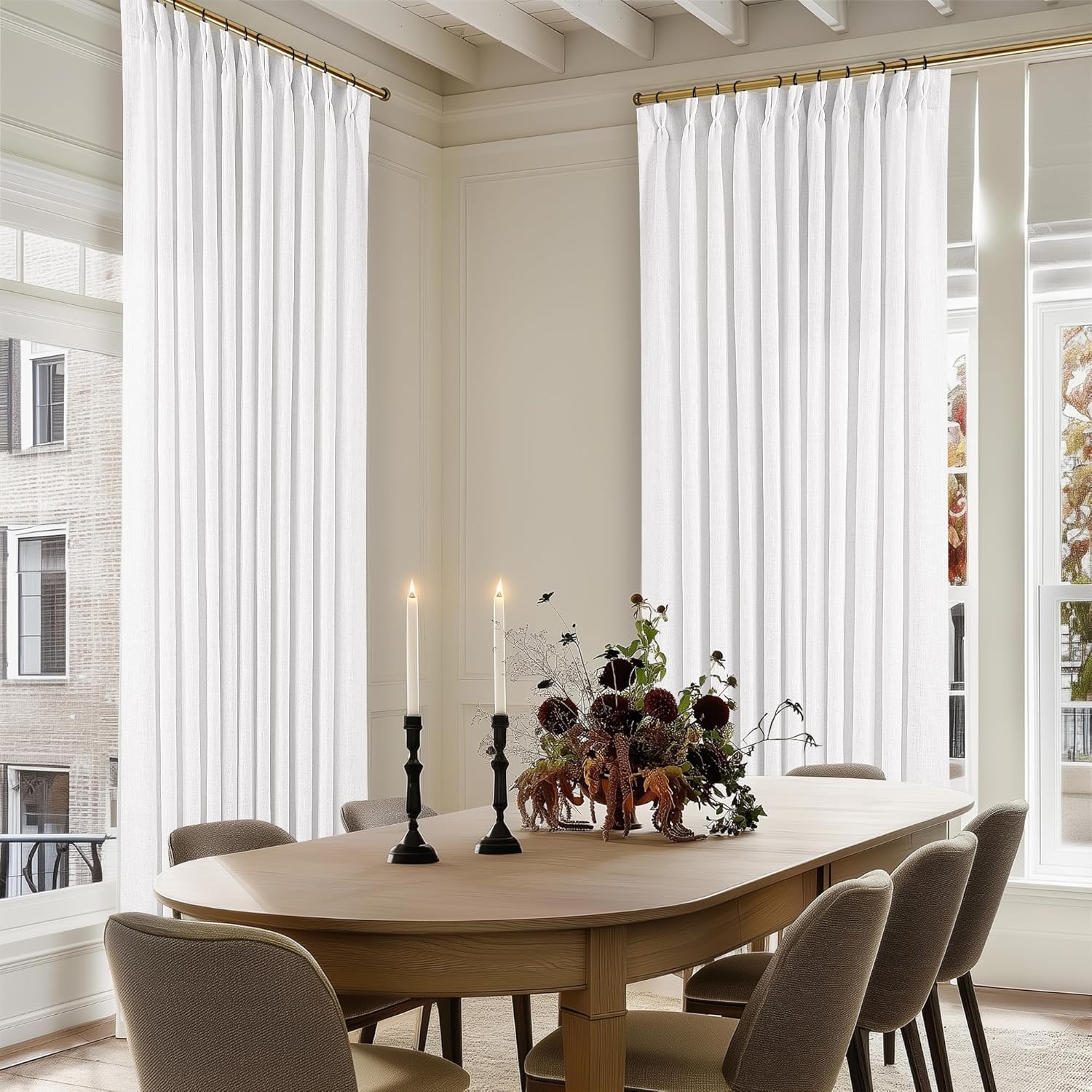 Natural Pinch Pleated Linen Curtains 84 Inch Length 2 Panels for Living Room Bedroom Textured Cream Ivory Birch Semi Sheer Boho Neutral Back Tab Pinch Pleat Hooks Rings Window Curtain 84 Inches Long