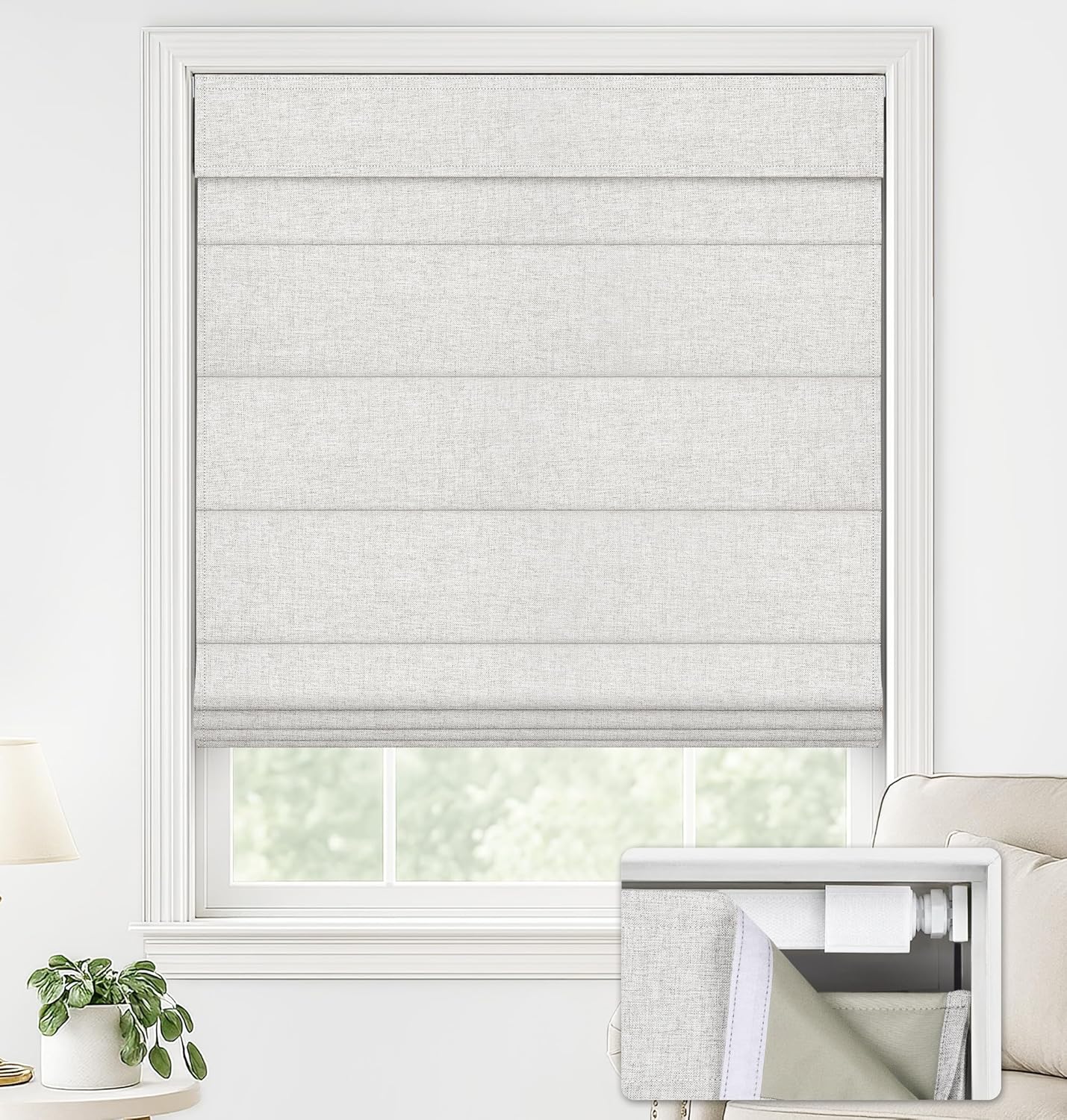 LazBlinds No Drill Roman Shades for Windows, Cordless Blackout Window Shades with UV Protection, Polyester Fabric for Bedroom & Living Room, 35" W x 64" H, Natural
