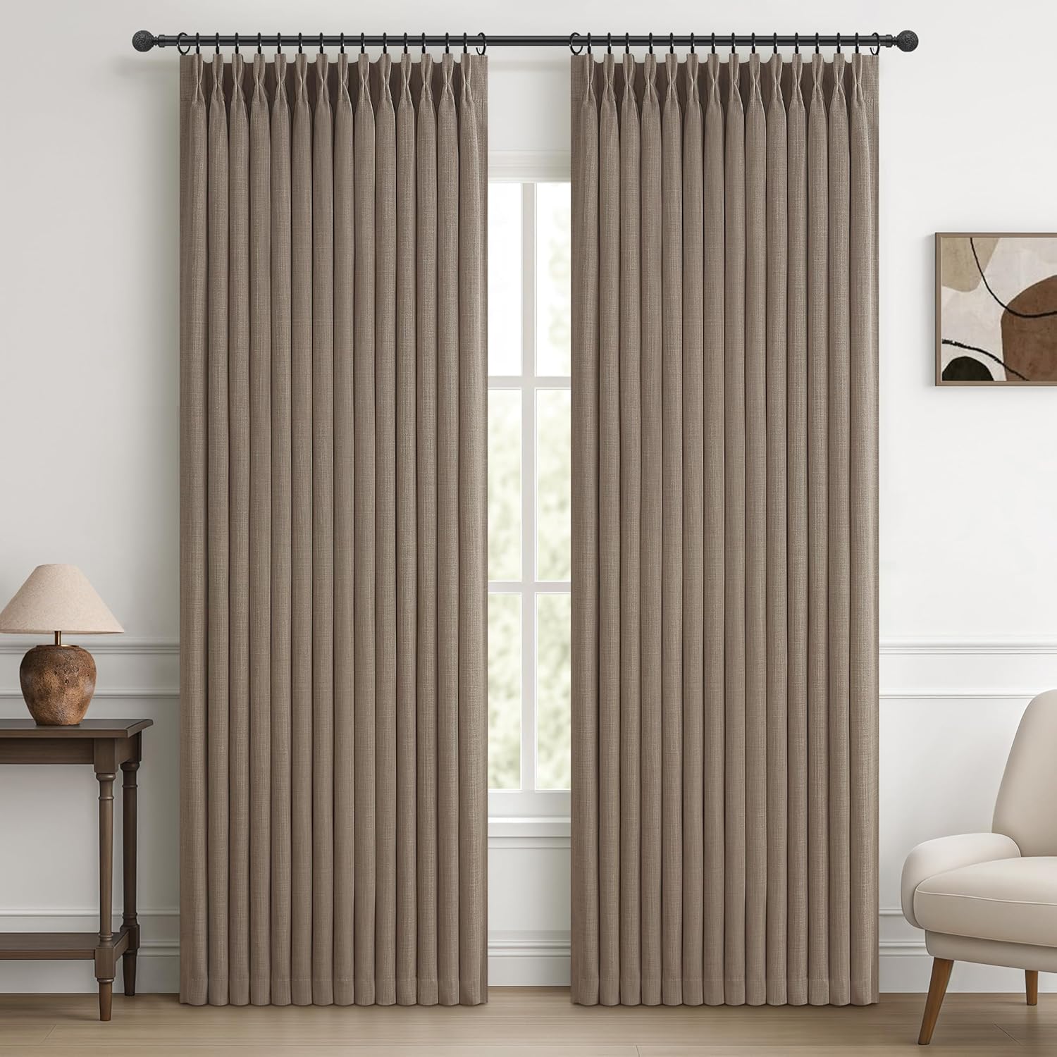 Memory Trained Pinch Pleated 96 Inch Viral Curtains for Living Room 2 Panels Set, Dark Grey Blackout Double Layer Linen Thermal Privacy Noise Reducing Elegant Windows Curtain for Kids Room 8 FT Length