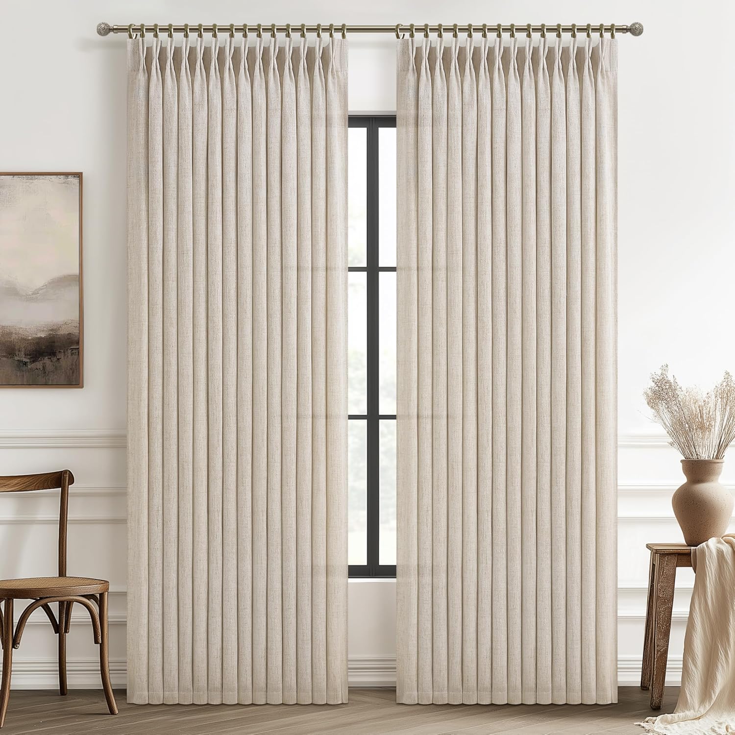 Pinch Pleated Linen Curtains 96 Inches Long for Living Room Bedroom, Light Filtering Boho Window Drape 96 inch 2 Panels Burgs with Hooks&Rings 8ft Cream Birch Sliding Glass Door Sheer Curtain Decor