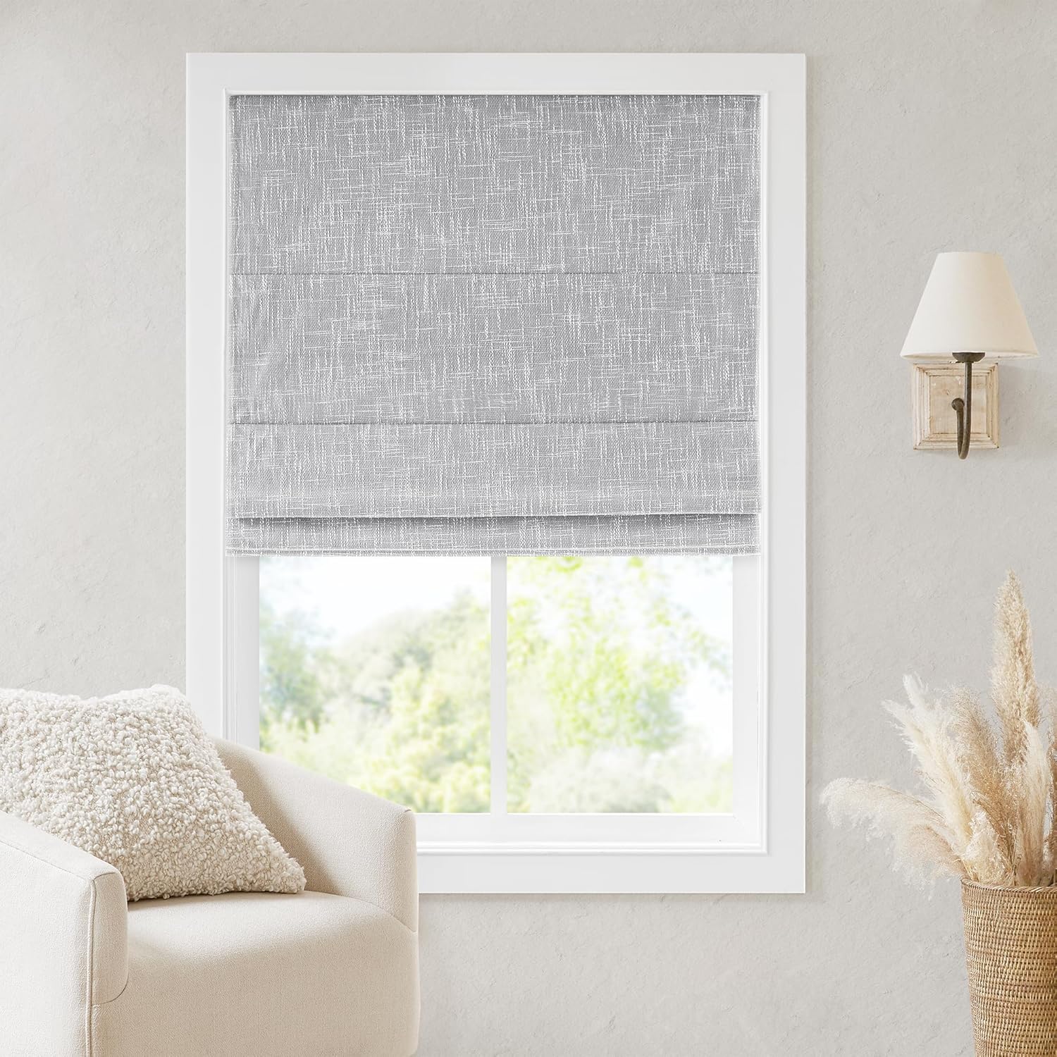 Madison Park Kyler Cordless Roman Shades - Single Panel, Lightweight Linen Blend Fabric, Natural Design, Easy Installation, Light Filtering Window Blind, Bedroom, Living Room Decor 27"W x 64"H Natural