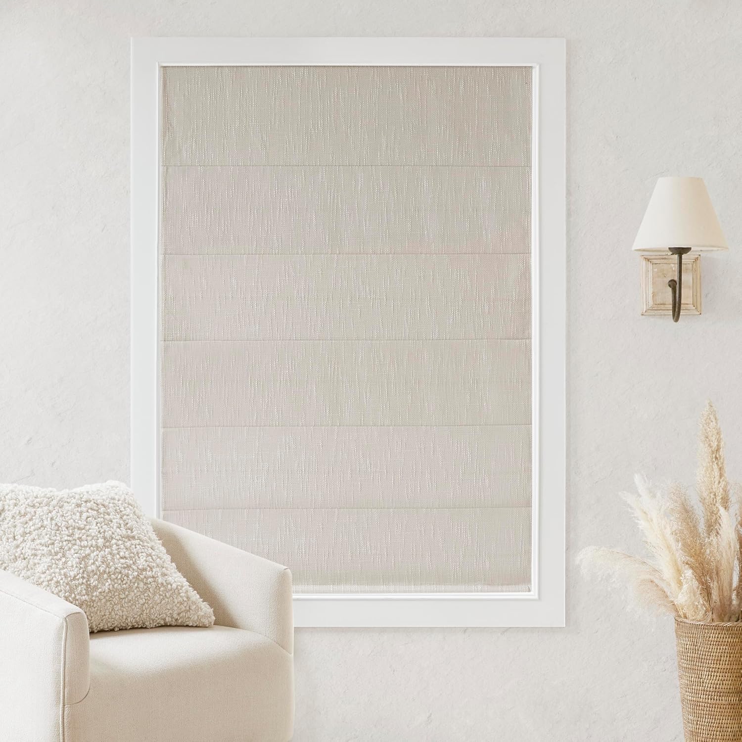 Madison Park Kyler Cordless Roman Shades - Single Panel, Lightweight Linen Blend Fabric, Natural Design, Easy Installation, Light Filtering Window Blind, Bedroom, Living Room Decor 27"W x 64"H Natural
