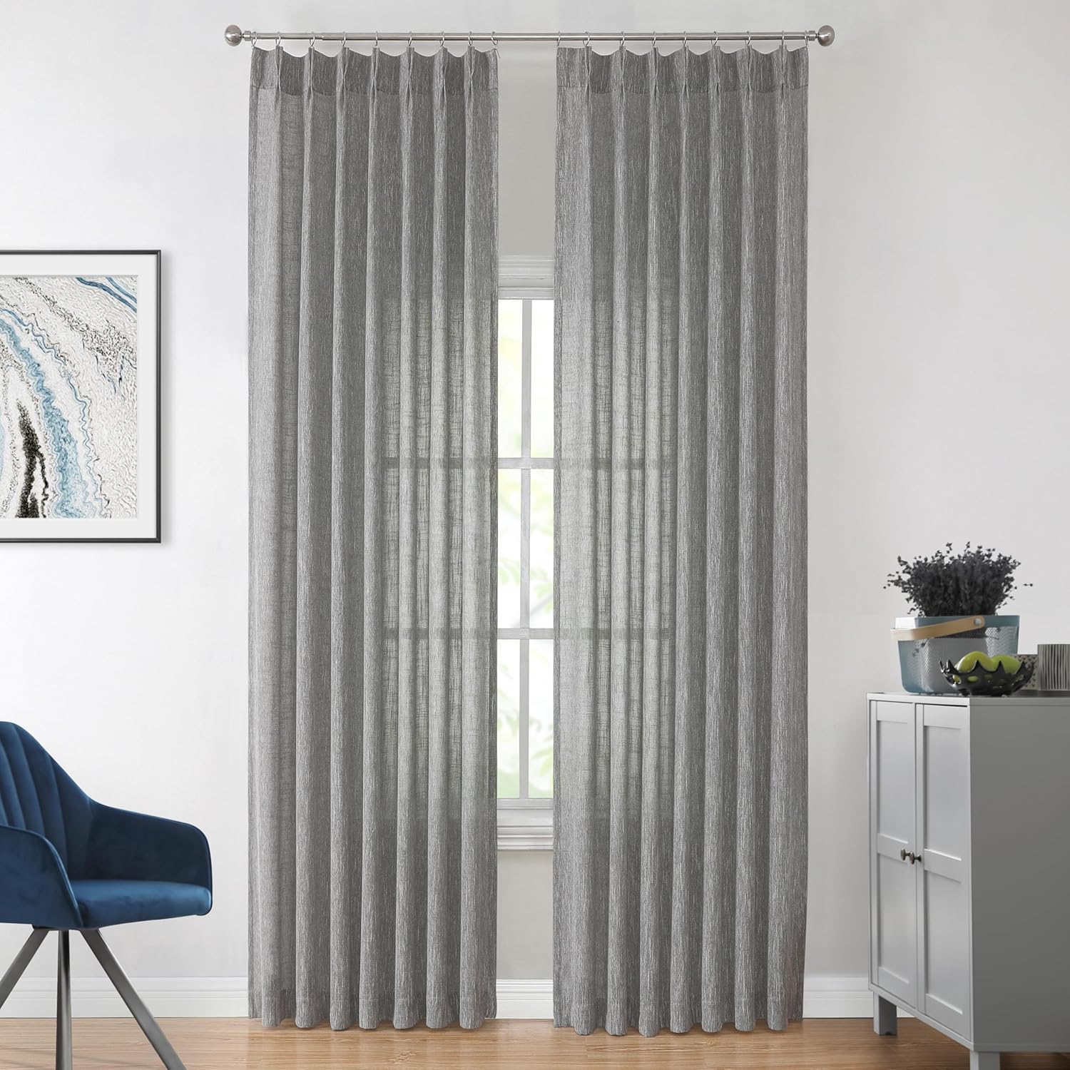 Vision Home Natural Pinch Pleated Semi Sheer Curtains Textured Linen Blended Light Filtering Window Curtains 90 inch for Living Room Bedroom Pinch Pleat Drapes with Hooks 2 Panels 42" Wx90 L