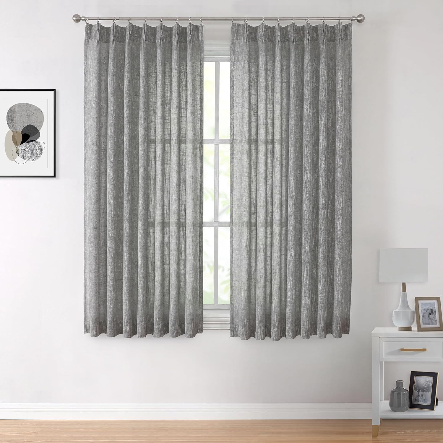 Vision Home Natural Pinch Pleated Semi Sheer Curtains Textured Linen Blended Light Filtering Window Curtains 90 inch for Living Room Bedroom Pinch Pleat Drapes with Hooks 2 Panels 42" Wx90 L