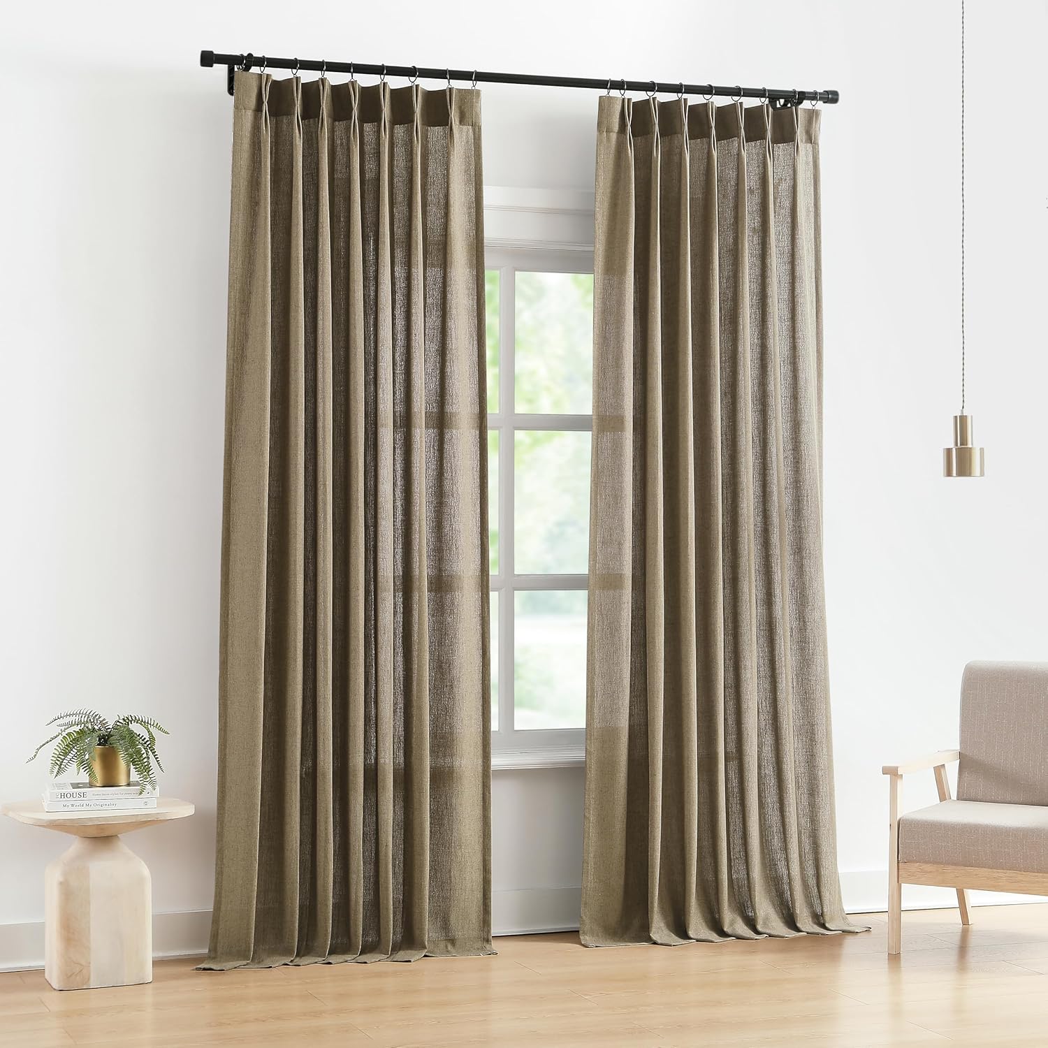 Vision Home Natural Pinch Pleated Semi Sheer Curtains Textured Linen Blended Light Filtering Window Curtains 90 inch for Living Room Bedroom Pinch Pleat Drapes with Hooks 2 Panels 42" Wx90 L