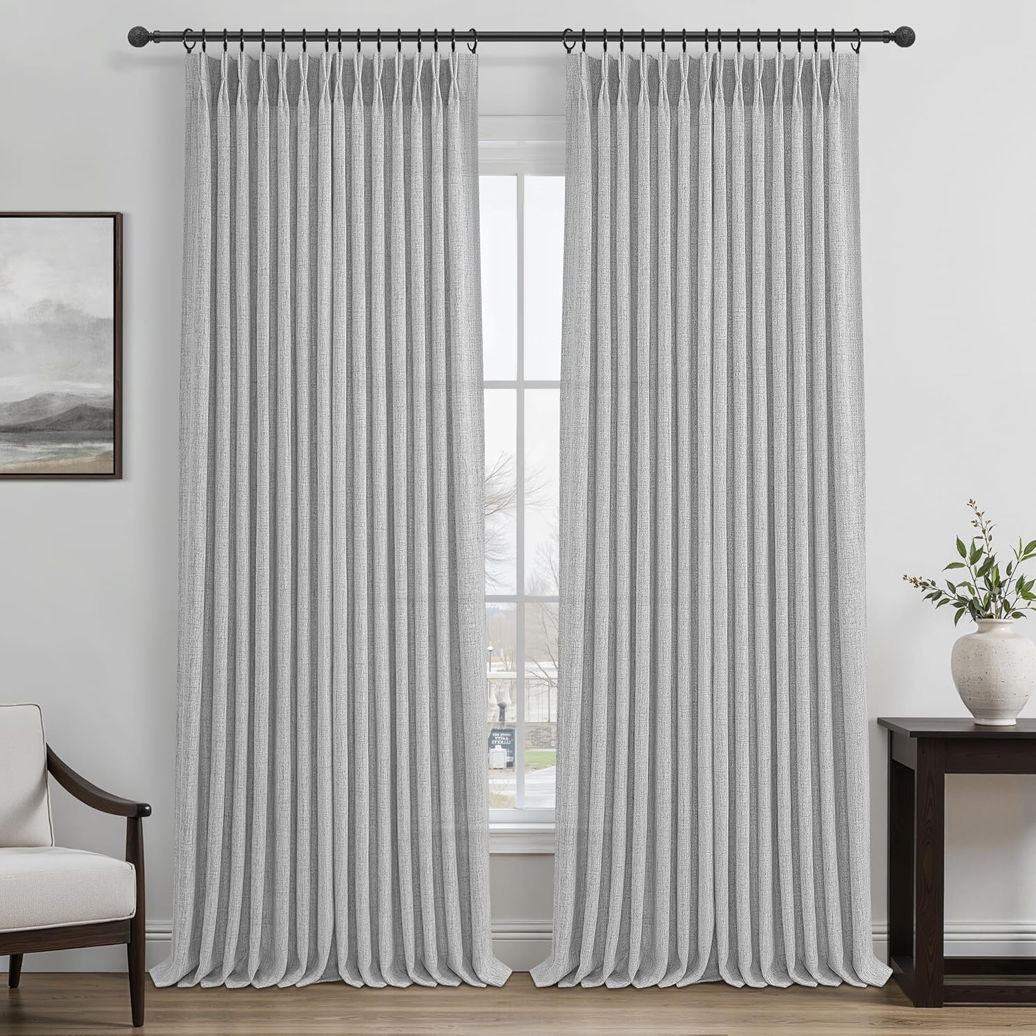 Pinch Pleated Linen Curtains 96 Inches Long for Living Room Bedroom, Light Filtering Boho Window Drape 96 inch 2 Panels Burgs with Hooks&Rings 8ft Cream Birch Sliding Glass Door Sheer Curtain Decor