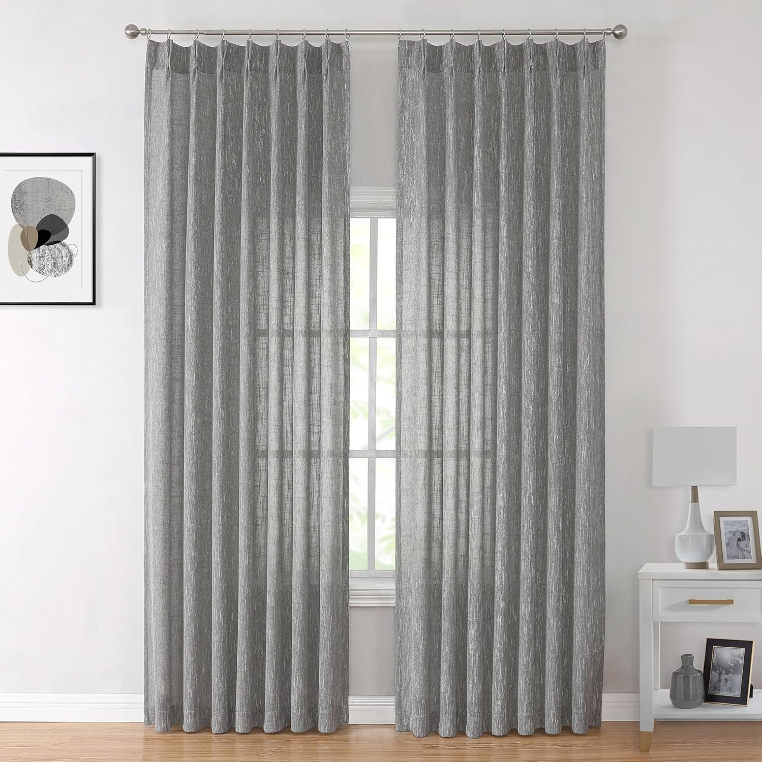 Vision Home Natural Pinch Pleated Semi Sheer Curtains Textured Linen Blended Light Filtering Window Curtains 90 inch for Living Room Bedroom Pinch Pleat Drapes with Hooks 2 Panels 42" Wx90 L