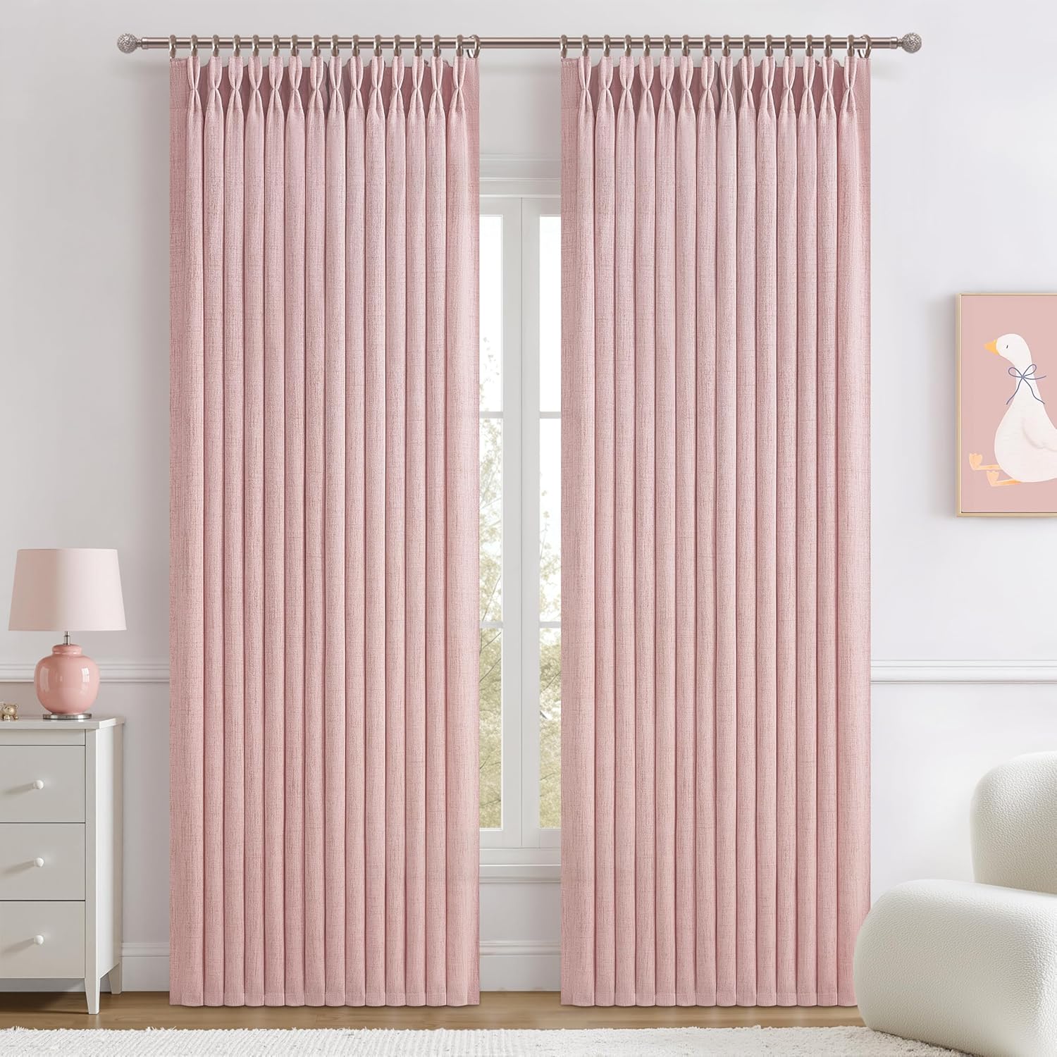 Pinch Pleated Linen Curtains 96 Inches Long for Living Room Bedroom, Light Filtering Boho Window Drape 96 inch 2 Panels Burgs with Hooks&Rings 8ft Cream Birch Sliding Glass Door Sheer Curtain Decor