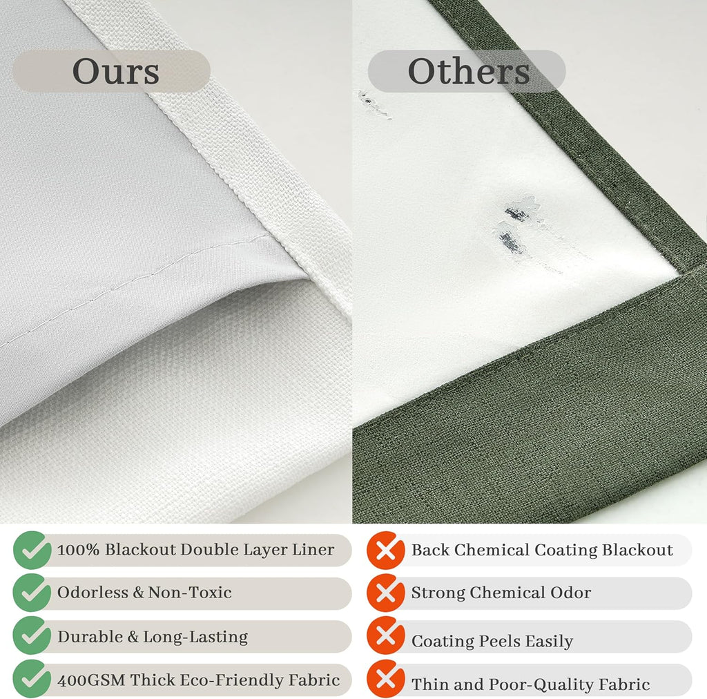 Beige White Blackout Floor to Ceiling Curtains 100 Inch Long for Sliding Door, Memory Trained Pinch Pleated Custom Double Layer Thick Linen Curtain Noise Reducing Light Blocking Bedroom Window Drapes