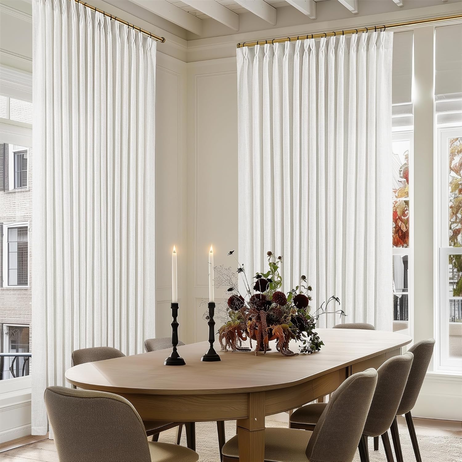 Natural Pinch Pleated Linen Curtains 84 Inch Length 2 Panels for Living Room Bedroom Textured Cream Ivory Birch Semi Sheer Boho Neutral Back Tab Pinch Pleat Hooks Rings Window Curtain 84 Inches Long