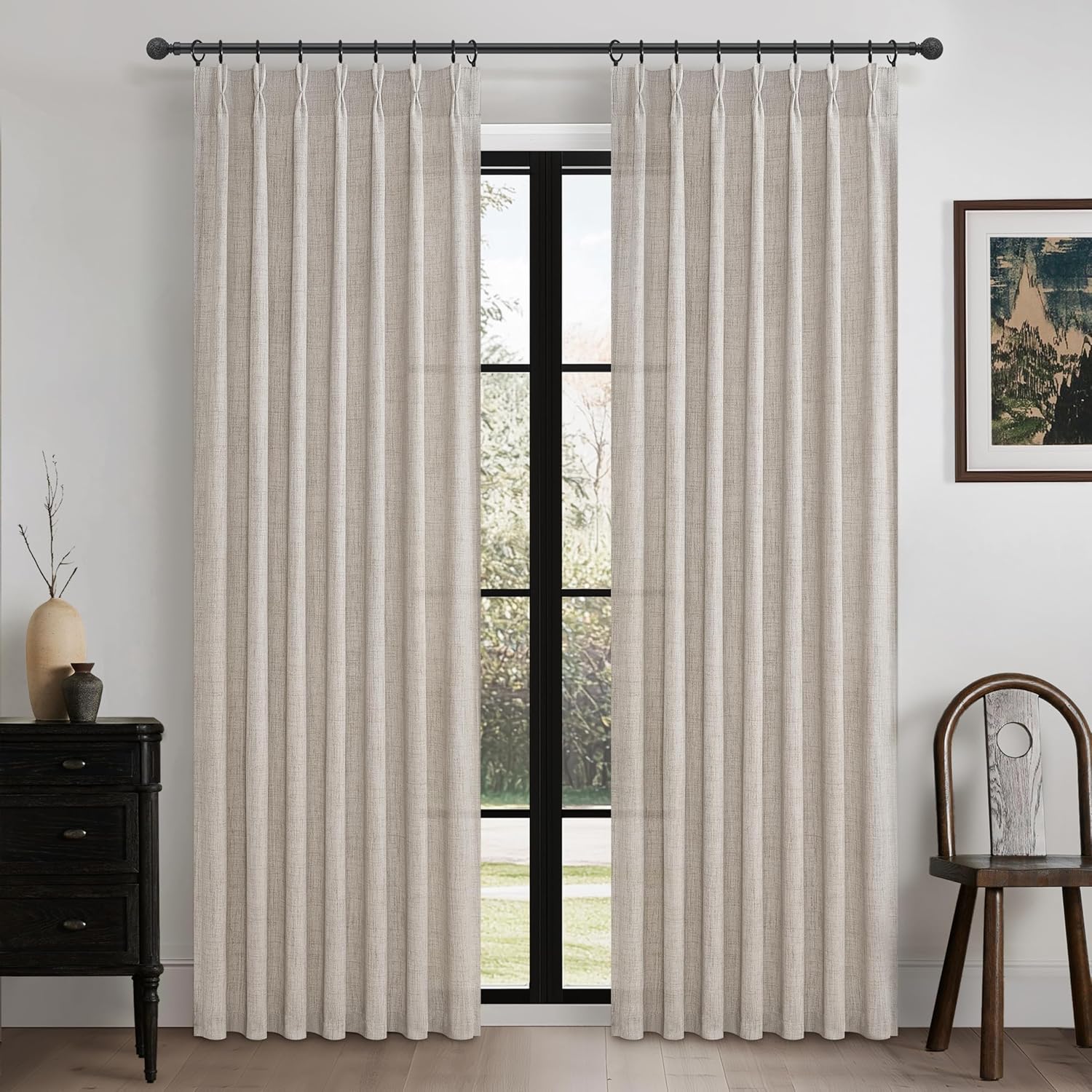 Pinch Pleated Linen Curtains 96 Inches Long for Living Room Bedroom, Light Filtering Boho Window Drape 96 inch 2 Panels Burgs with Hooks&Rings 8ft Cream Birch Sliding Glass Door Sheer Curtain Decor