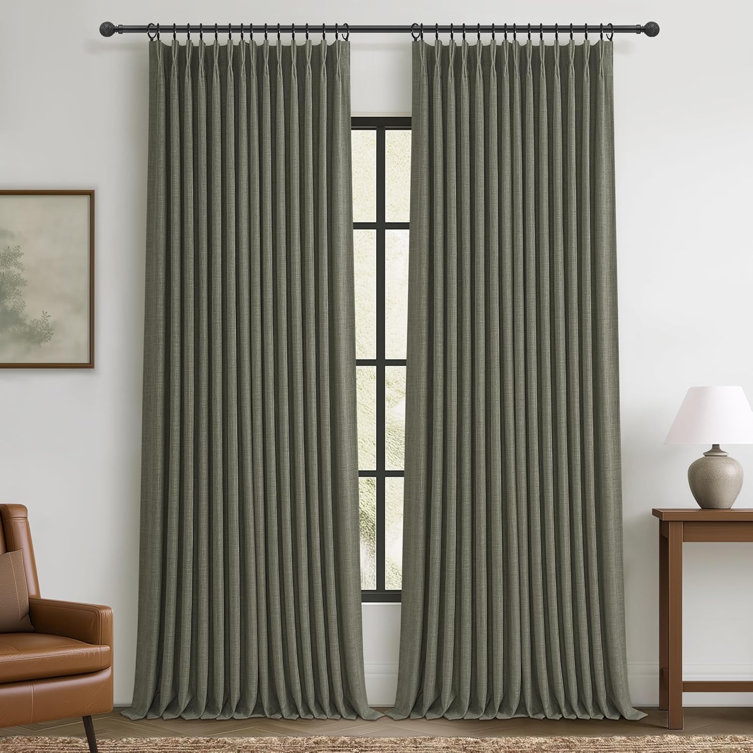 Memory Trained Pinch Pleated 96 Inch Viral Curtains for Living Room 2 Panels Set, Dark Grey Blackout Double Layer Linen Thermal Privacy Noise Reducing Elegant Windows Curtain for Kids Room 8 FT Length