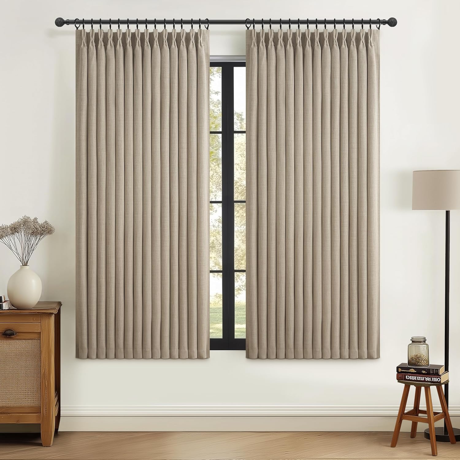 Dark Flax 100% Blackout Curtains 90 Inches Long for Kids Room, Memory Trained Pinch Pleated Thermal Noise Reducing Natural Linen Privacy Light Block Aesthetic Windows Drapes Brown Colored 2 Panels Set