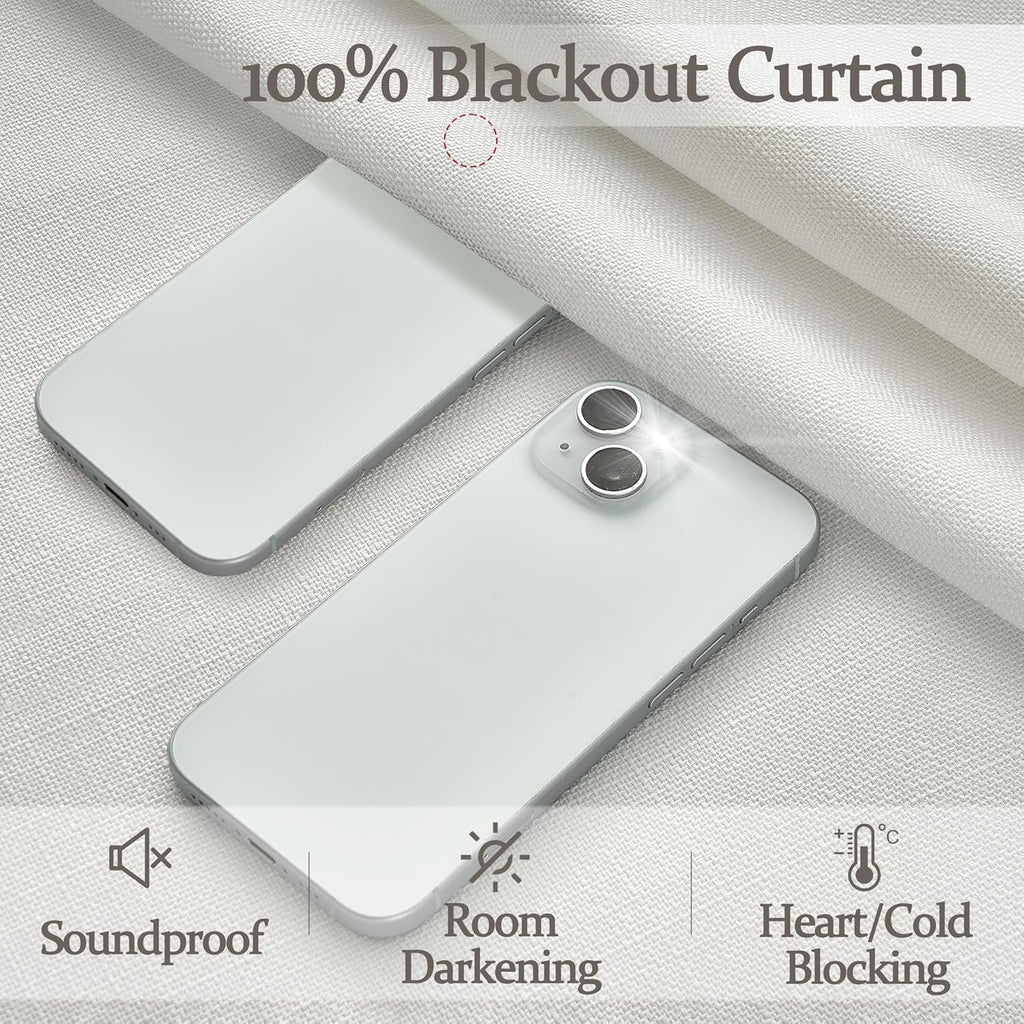 Beige White Blackout Floor to Ceiling Curtains 100 Inch Long for Sliding Door, Memory Trained Pinch Pleated Custom Double Layer Thick Linen Curtain Noise Reducing Light Blocking Bedroom Window Drapes