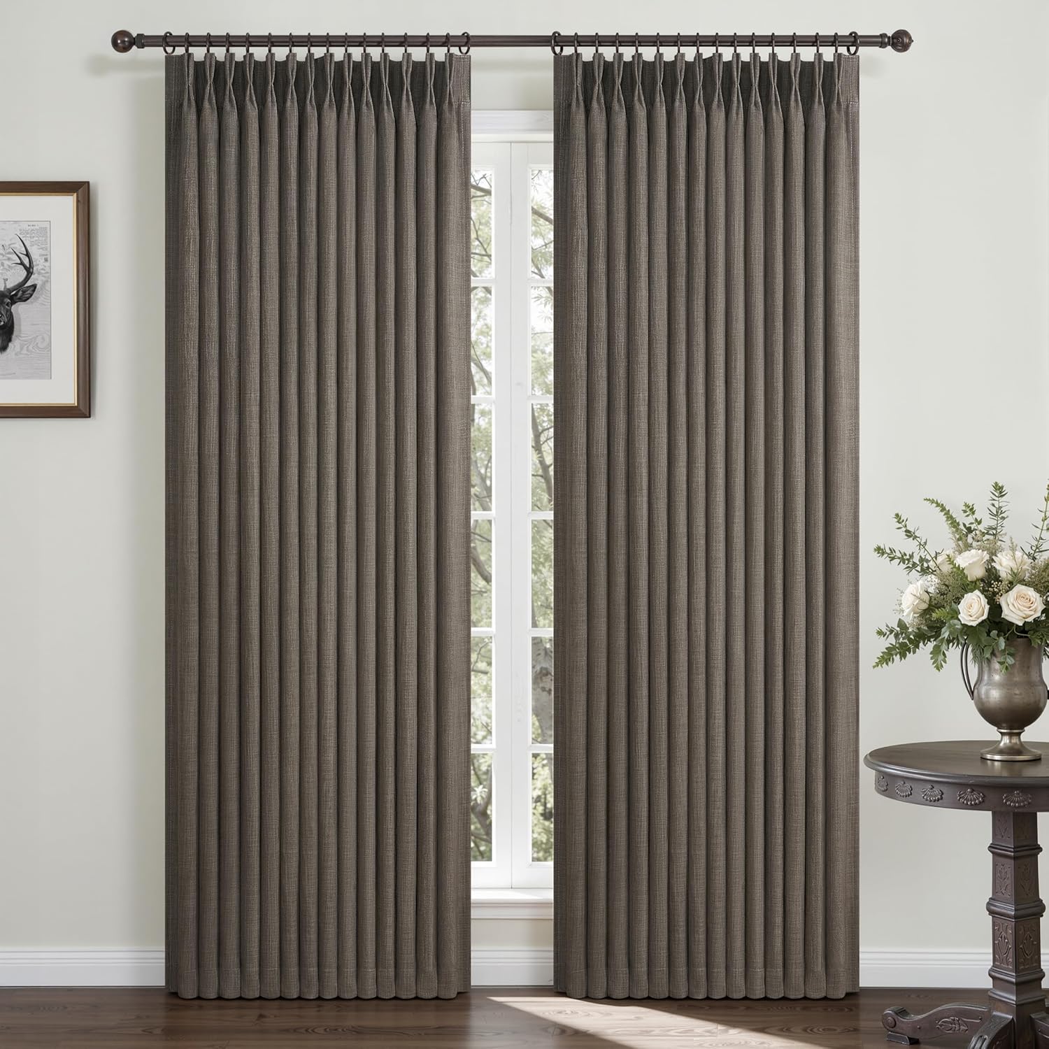 Dark Flax 100% Blackout Curtains 90 Inches Long for Kids Room, Memory Trained Pinch Pleated Thermal Noise Reducing Natural Linen Privacy Light Block Aesthetic Windows Drapes Brown Colored 2 Panels Set